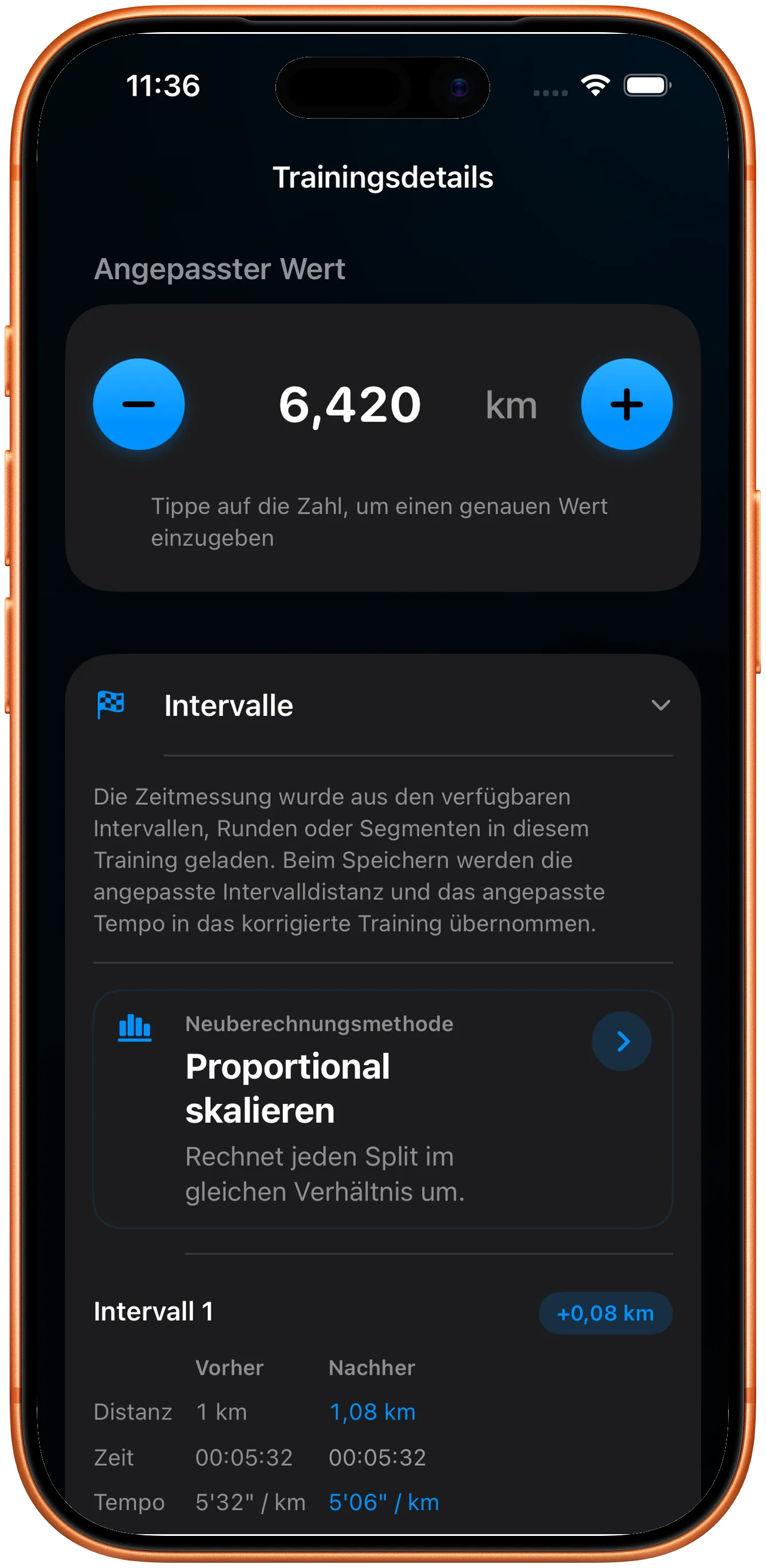 Nach der Korrektur proportional neu skalierte Intervallliste