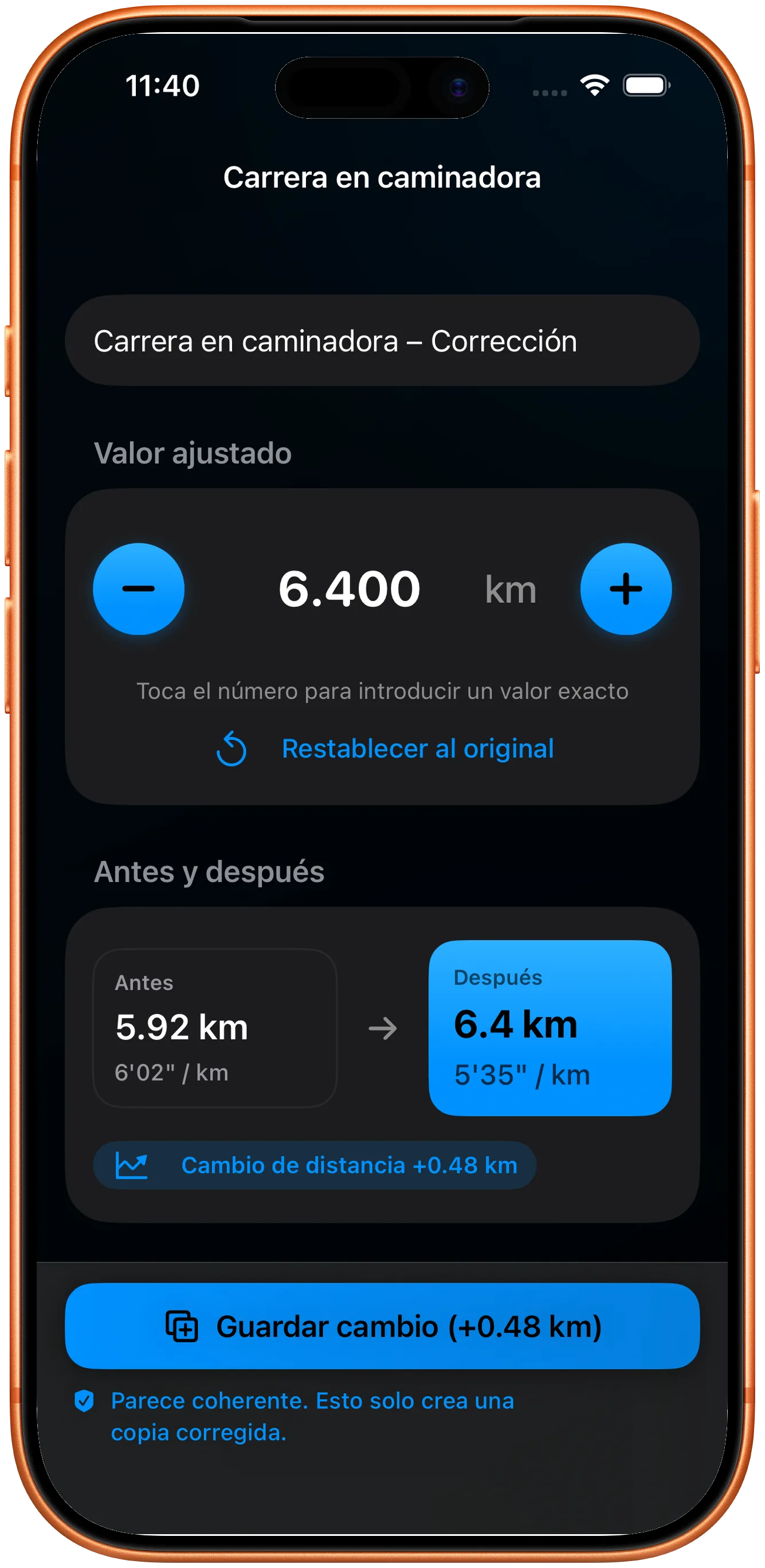 Editor para introducir la distancia corregida