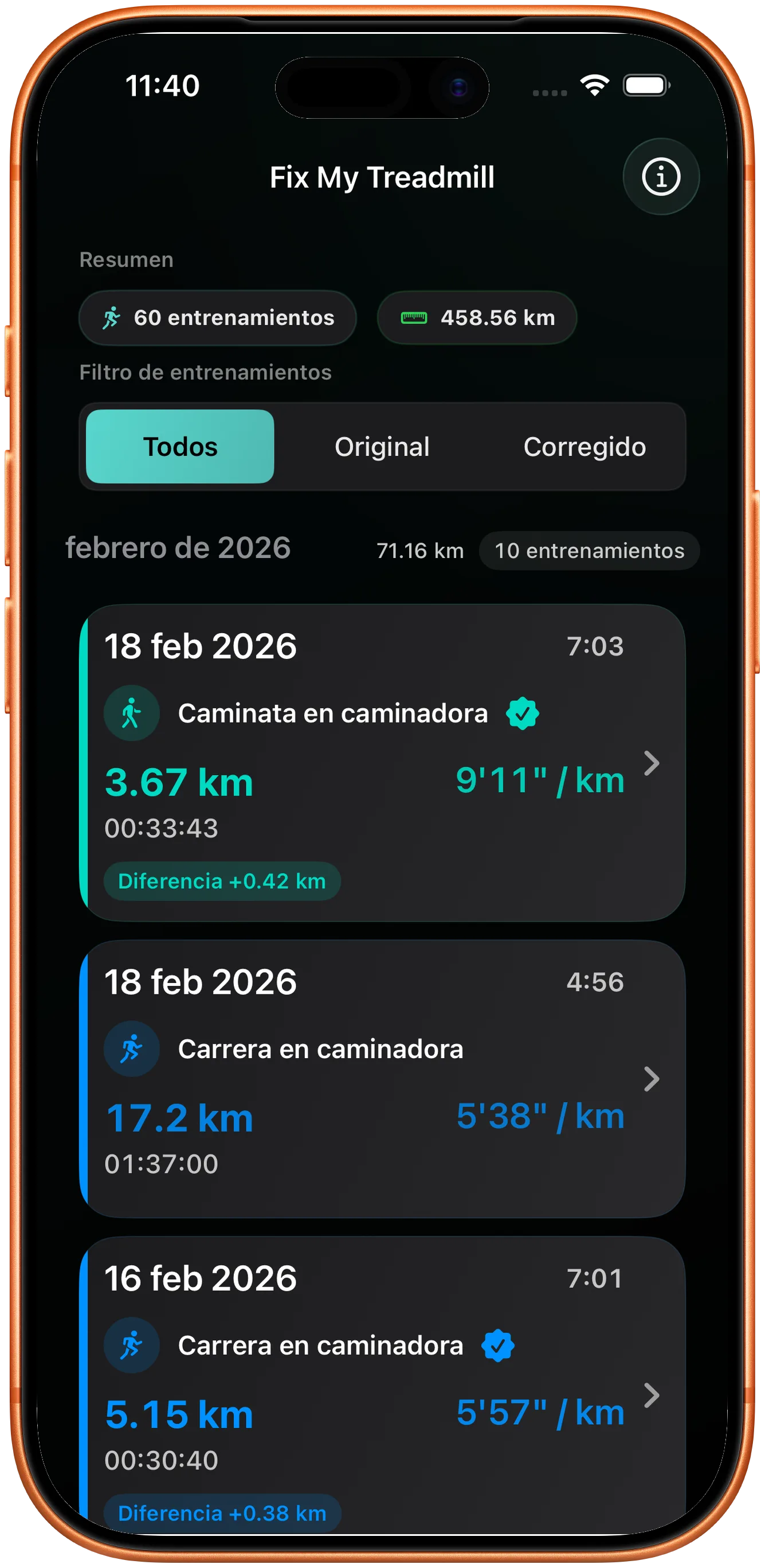 Lista de entrenamientos con la carrera corregida marcada como cambiada