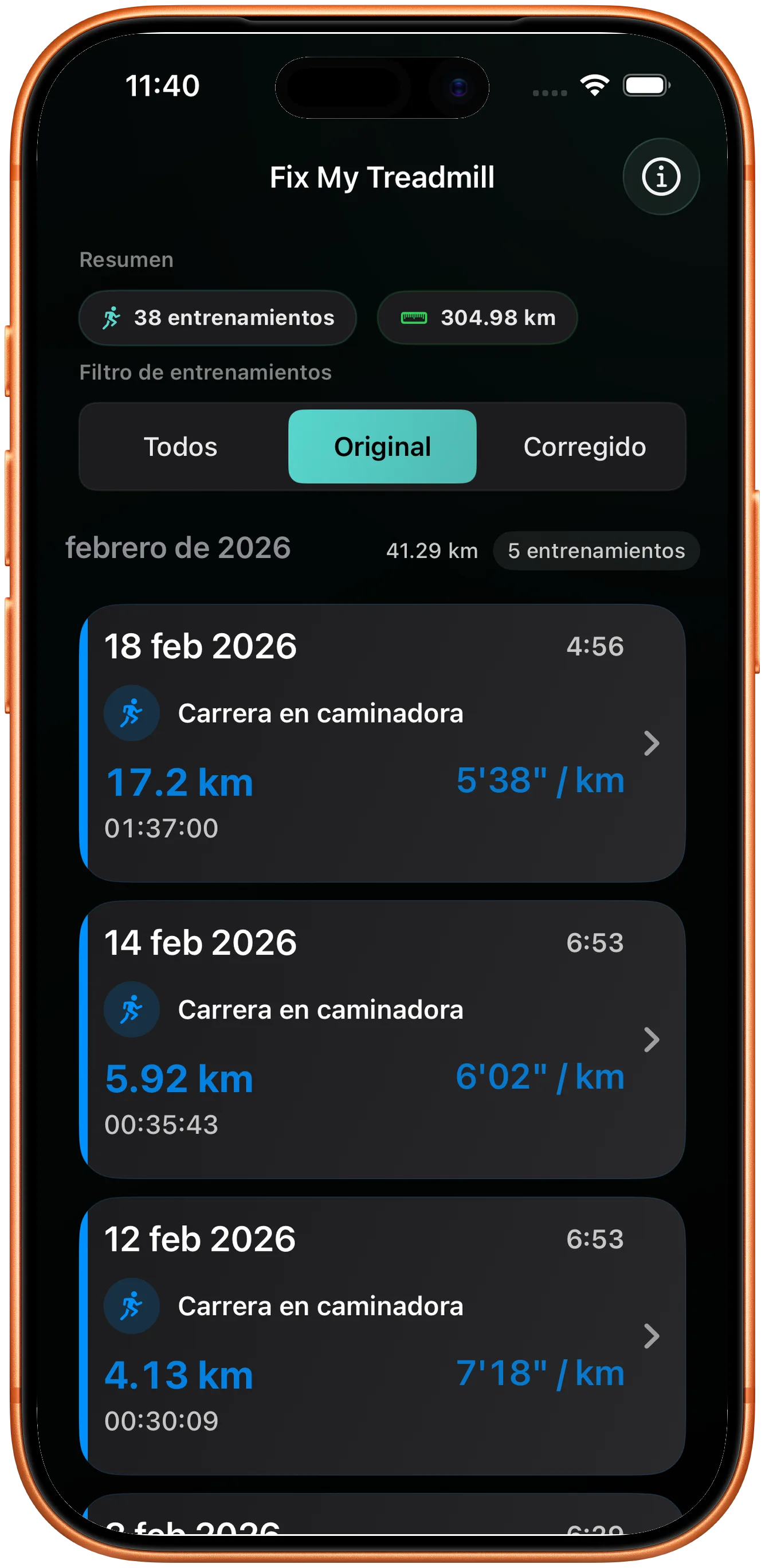 Lista de entrenamientos con una carrera cuya distancia hay que corregir