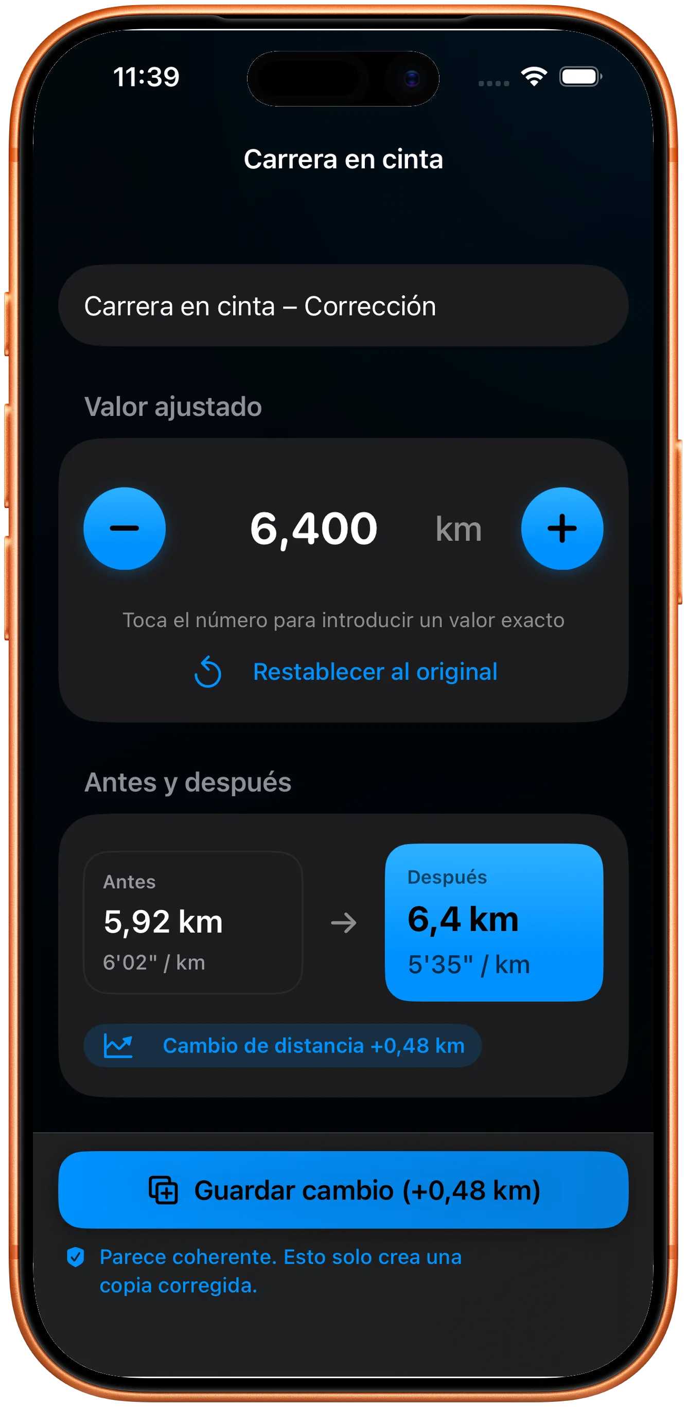 Editor para introducir la distancia corregida
