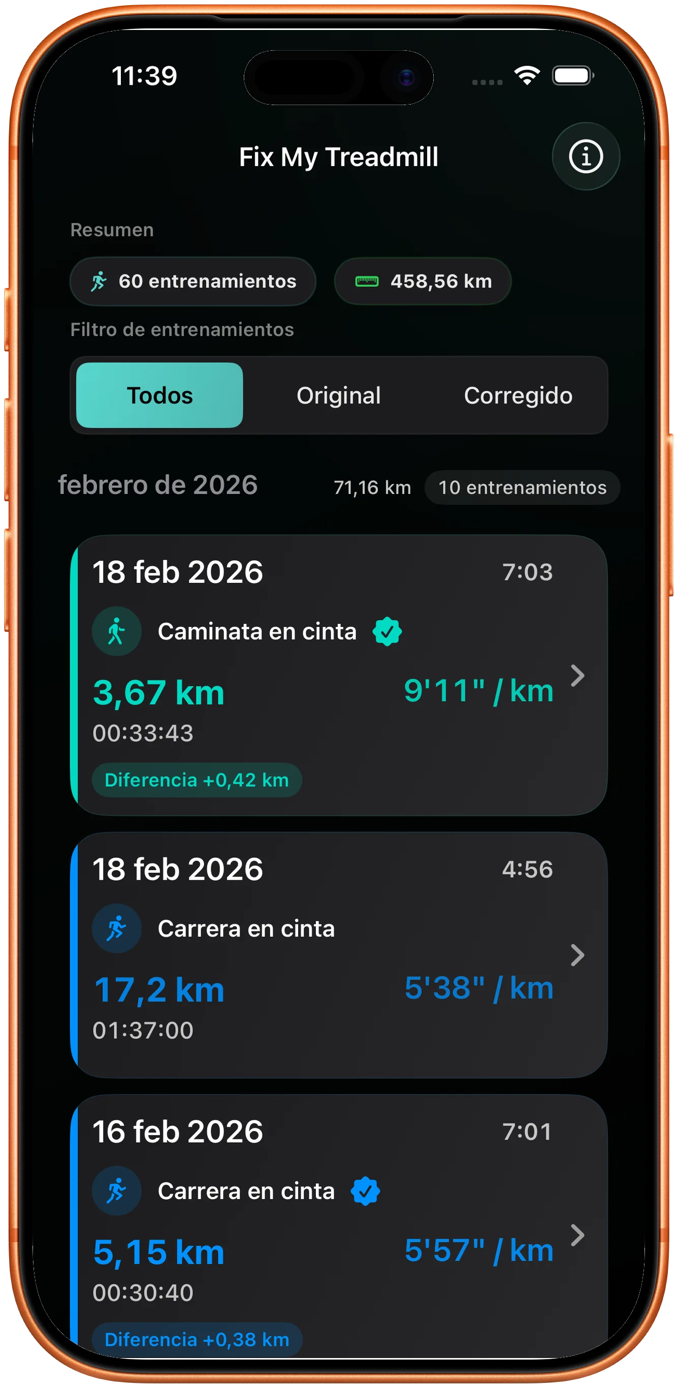 Lista de entrenamientos con la carrera corregida marcada como cambiada
