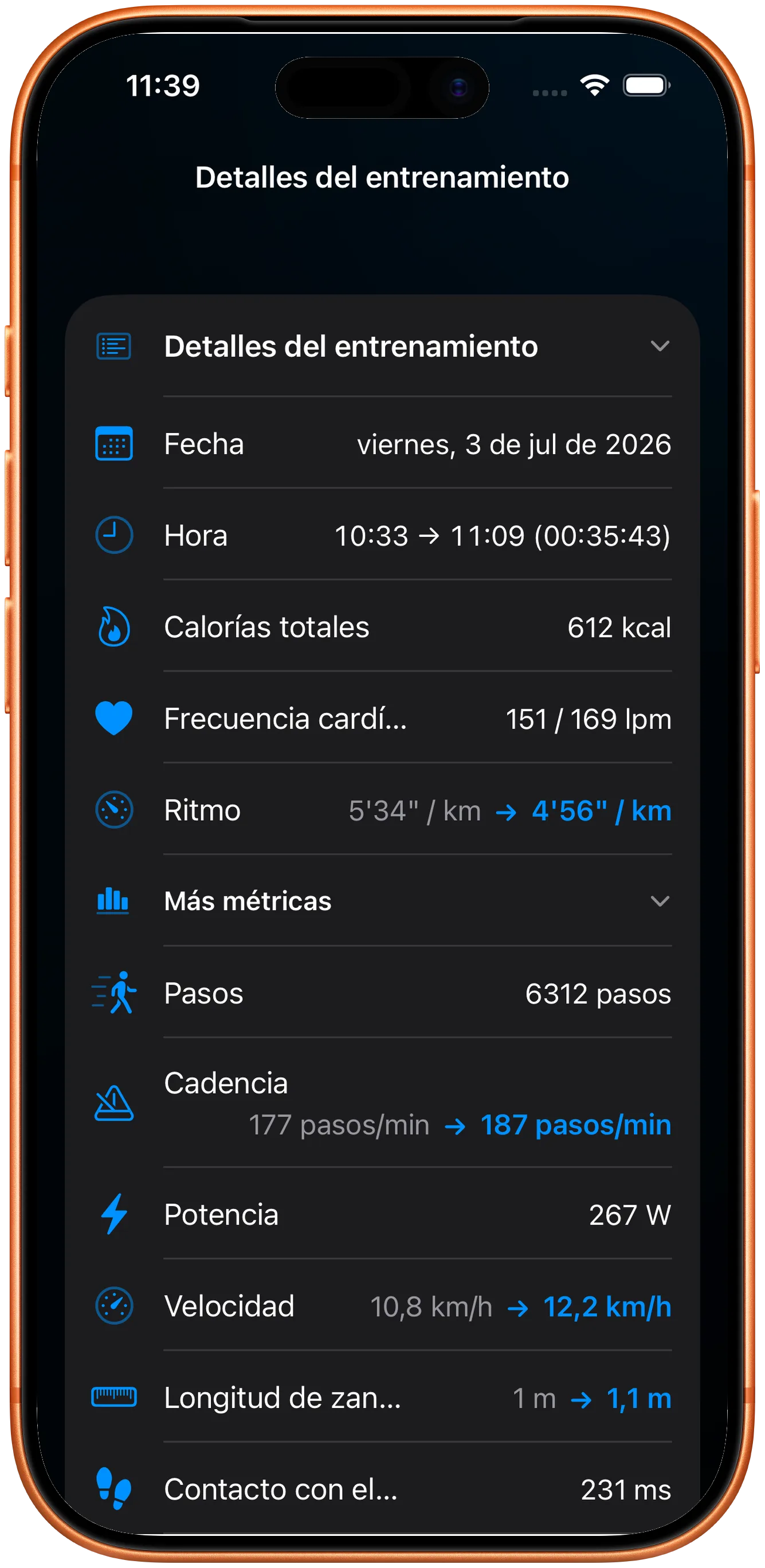 Detalle del entrenamiento con frecuencia cardíaca, cadencia y potencia conservadas