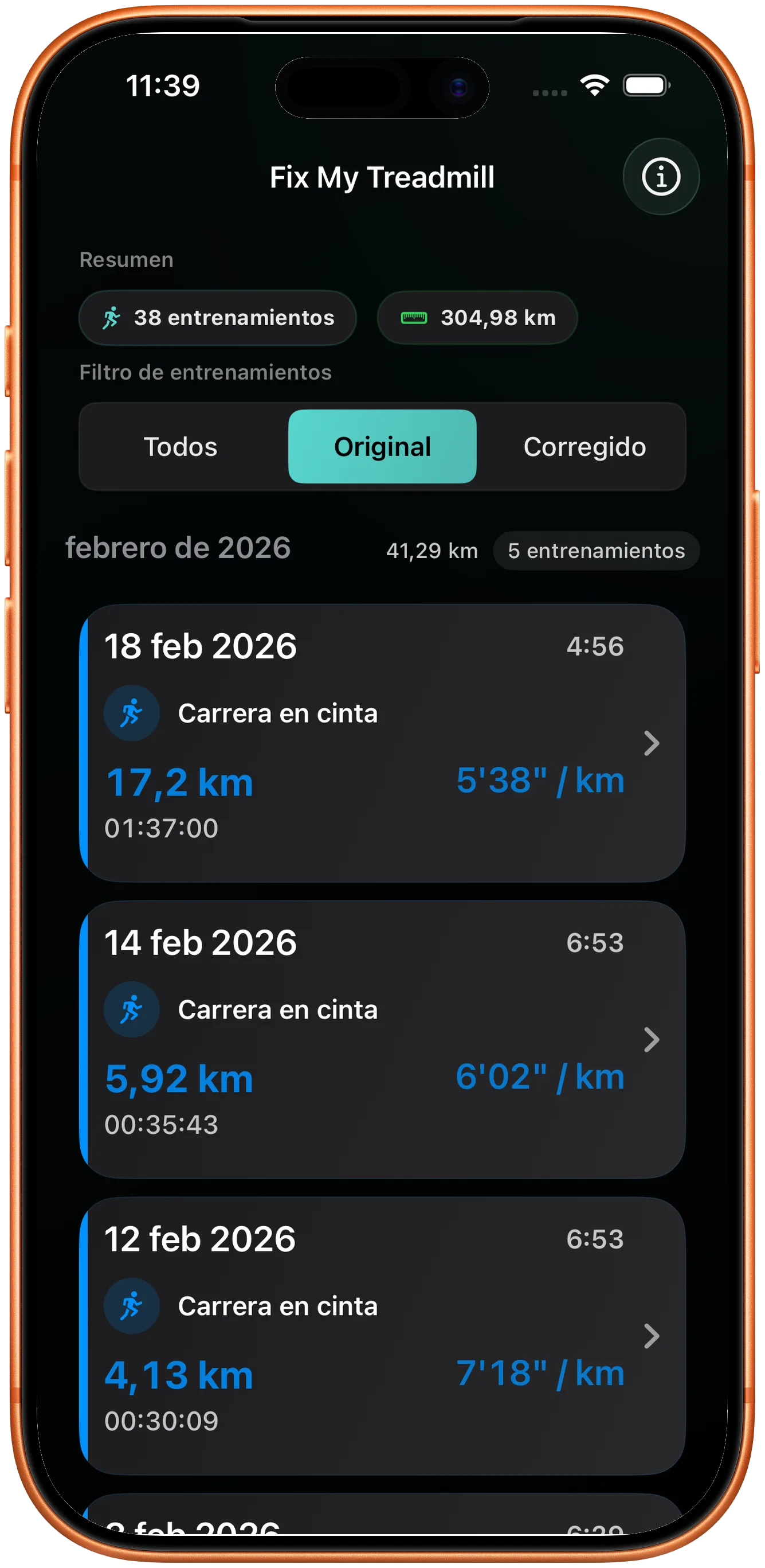 Lista de entrenamientos con una carrera cuya distancia hay que corregir