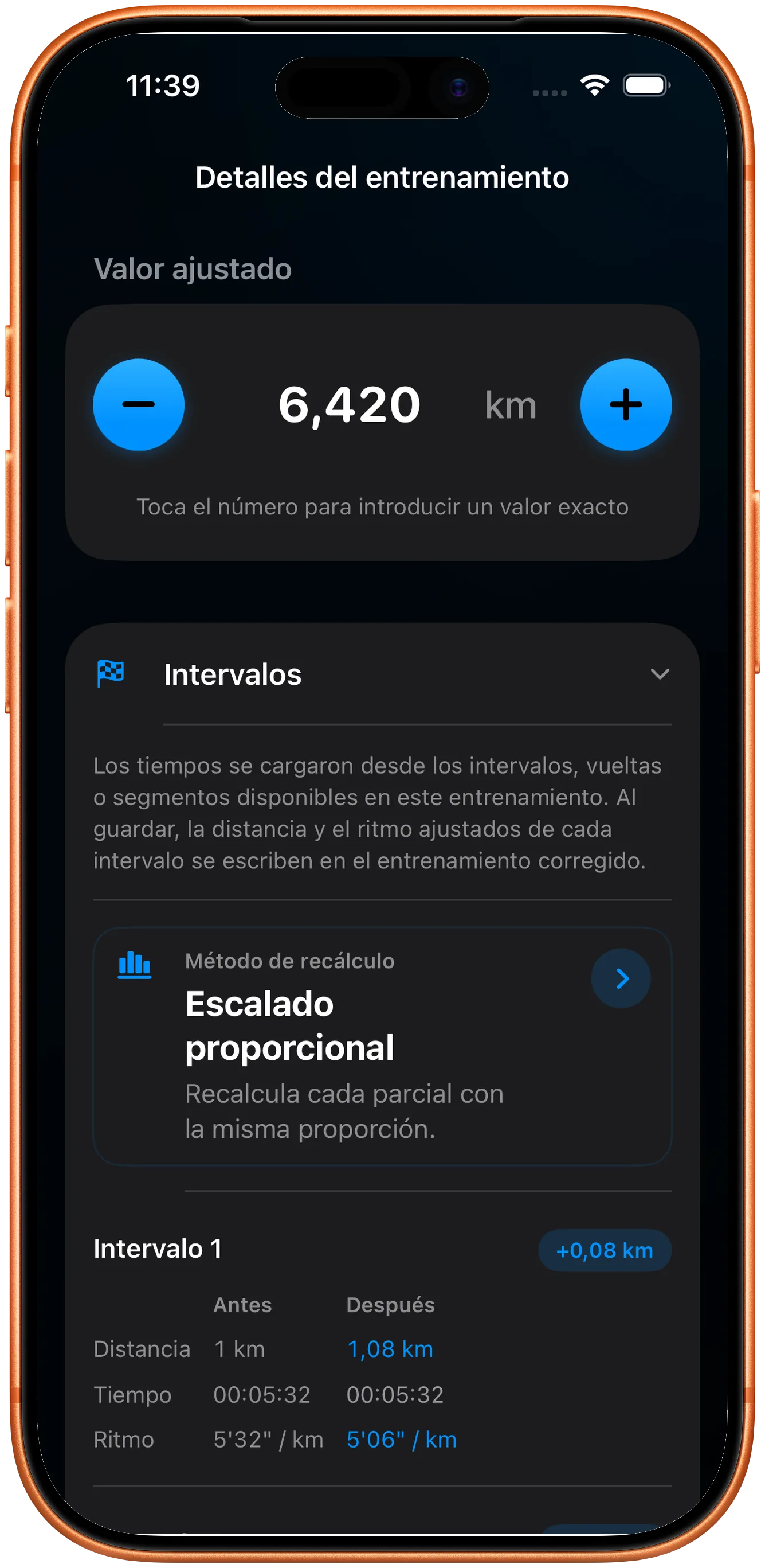 Lista de intervalos reescalada proporcionalmente tras la corrección