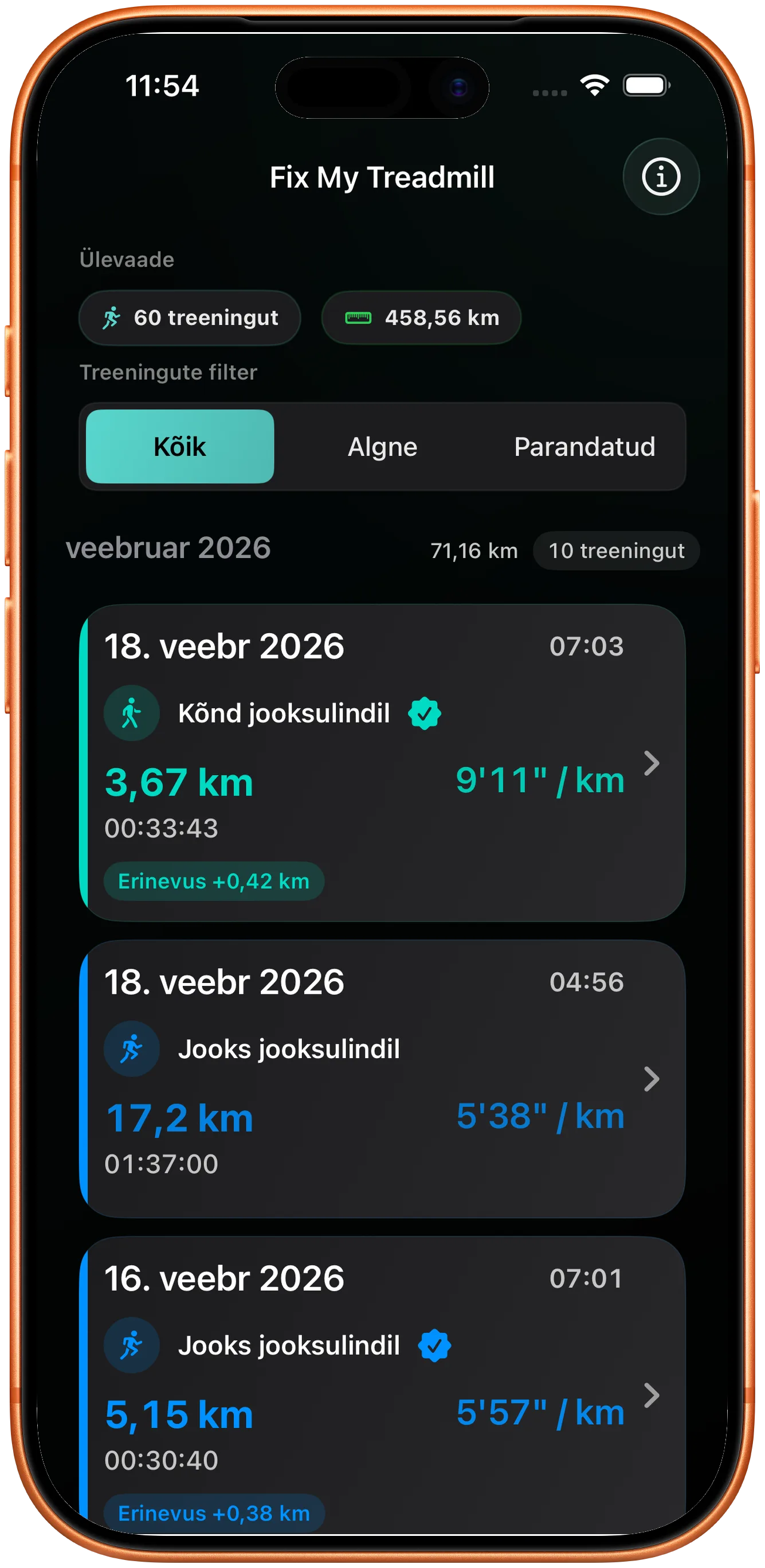 Treeningute loend, kus parandatud jooks on märgitud muudetuks