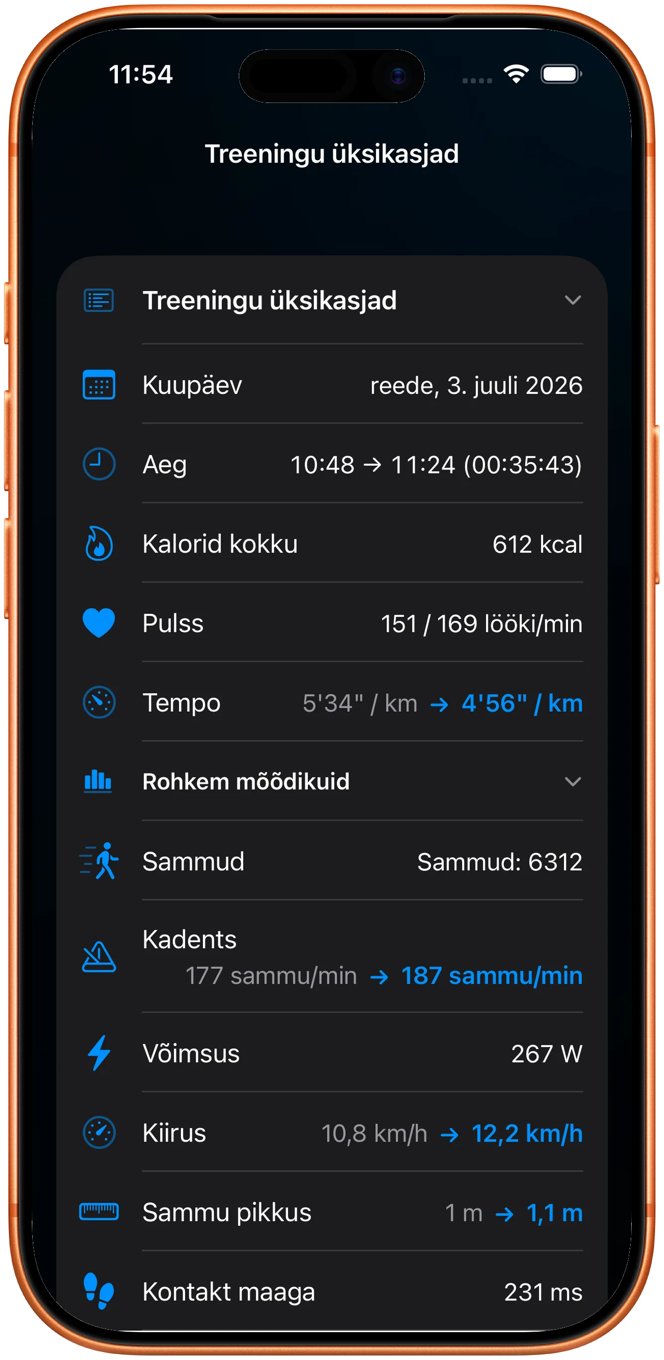 Treeningu üksikasjad säilinud pulsi, sammusageduse ja võimsusega