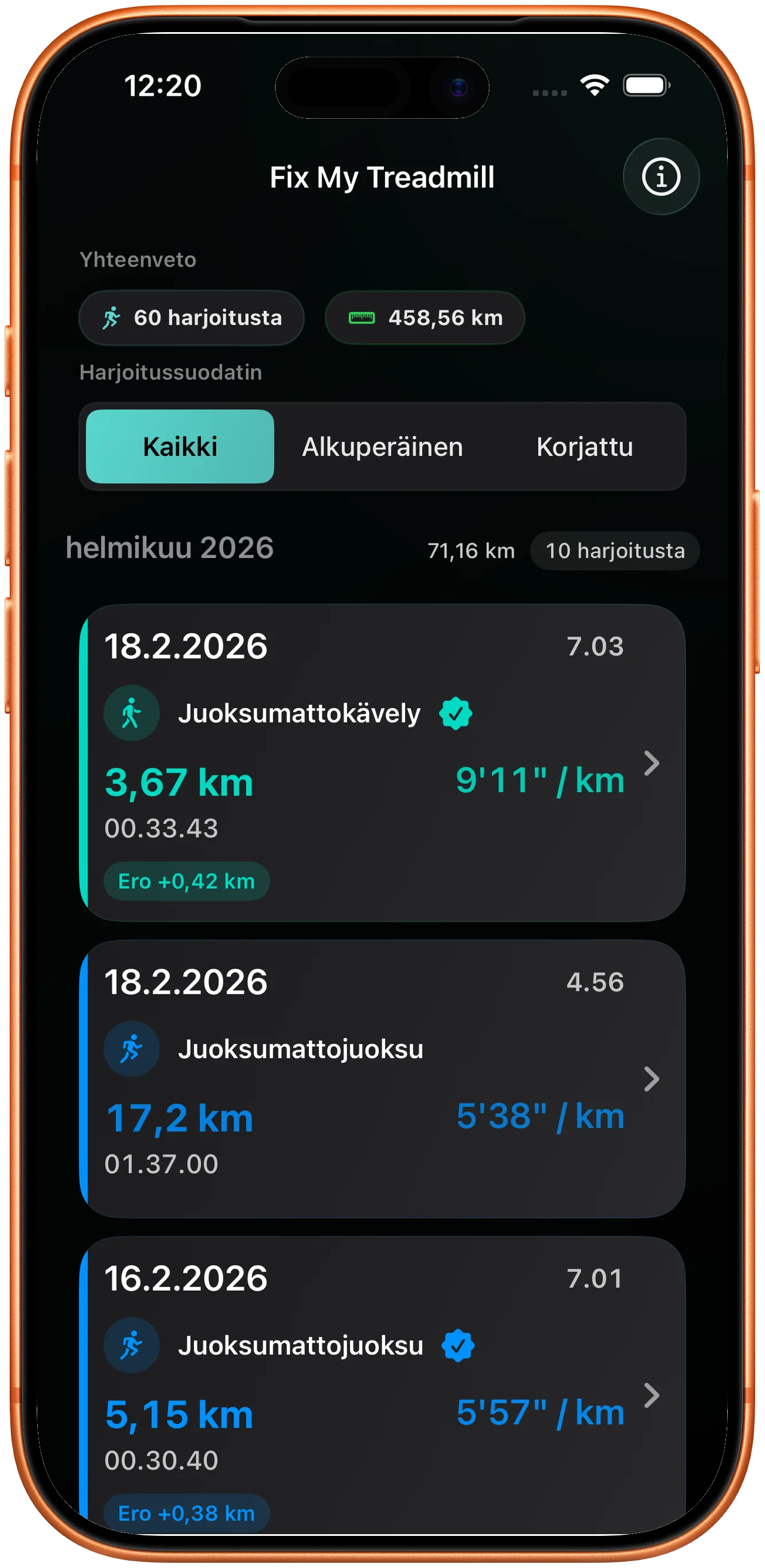 Harjoituslista, jossa korjattu juoksu on merkitty muuttuneeksi