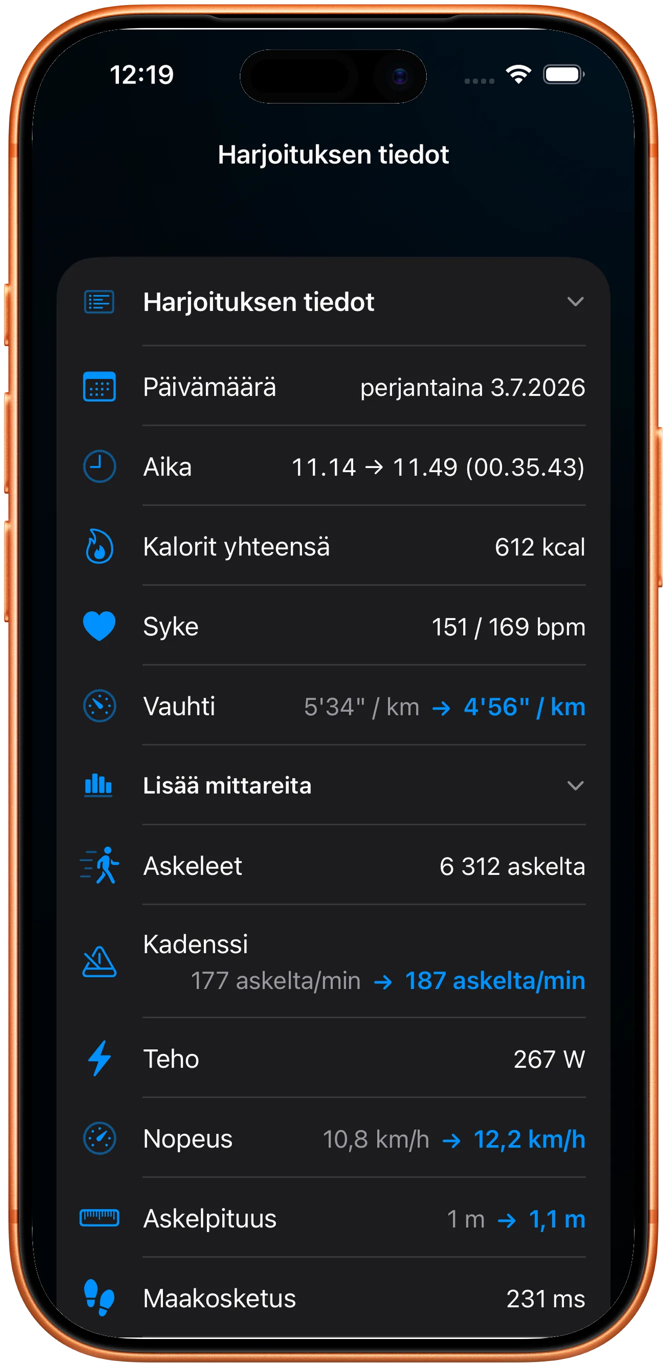 Harjoituksen tiedot, syke, askeltiheys ja teho säilytettyinä