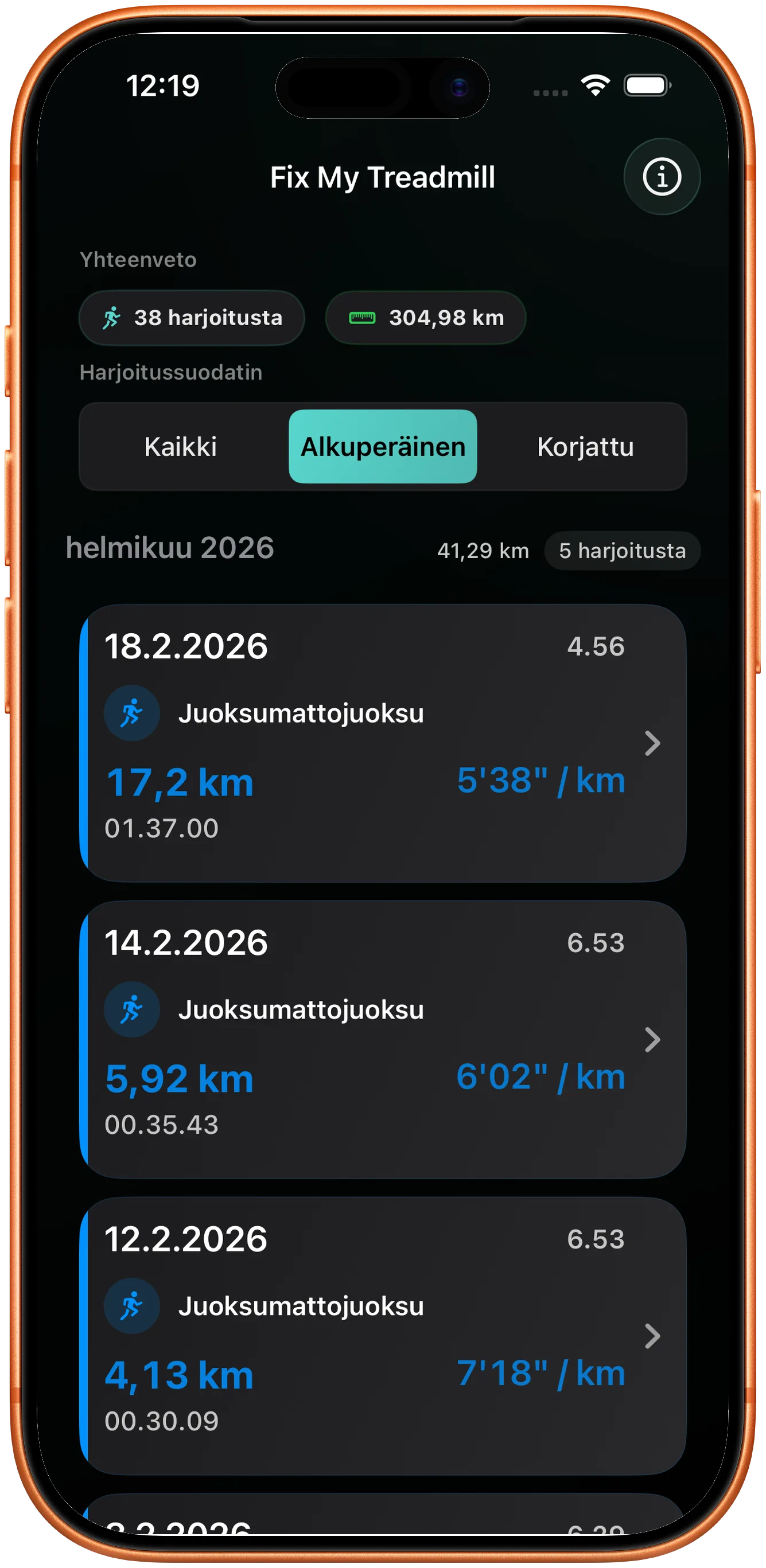 Harjoituslista, jossa on juoksu jonka matka pitää korjata