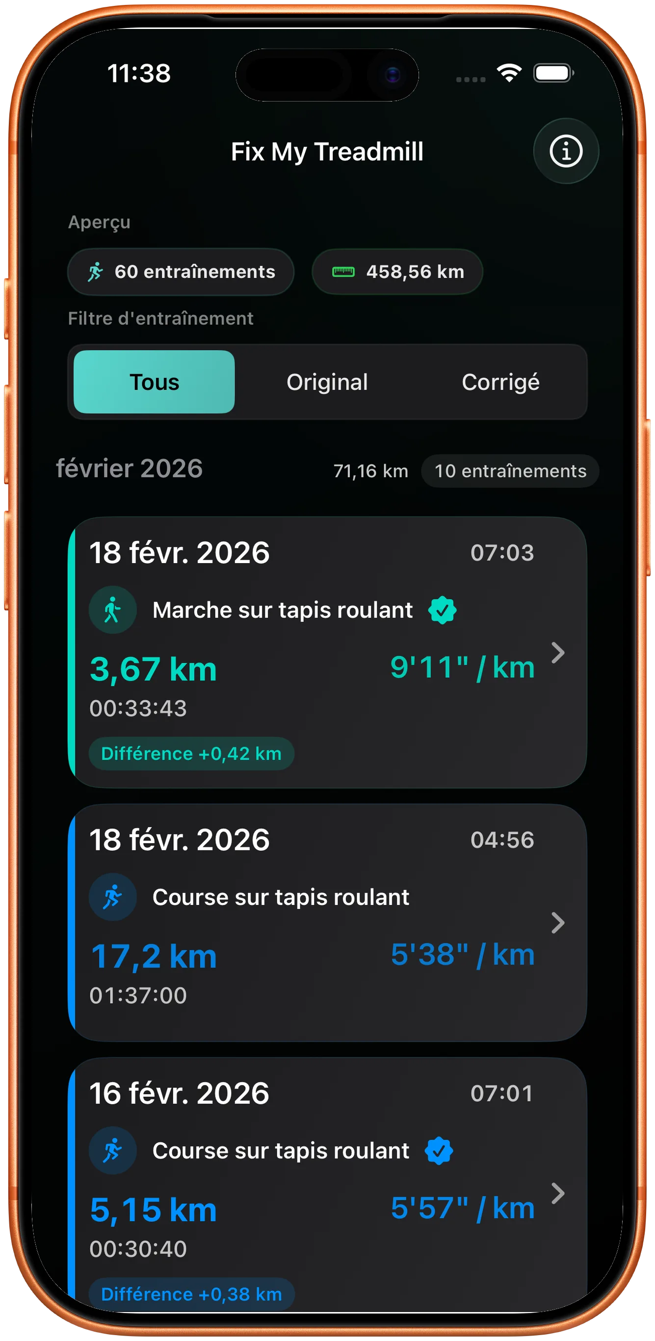 Liste d'entraînements avec la course corrigée marquée comme modifiée