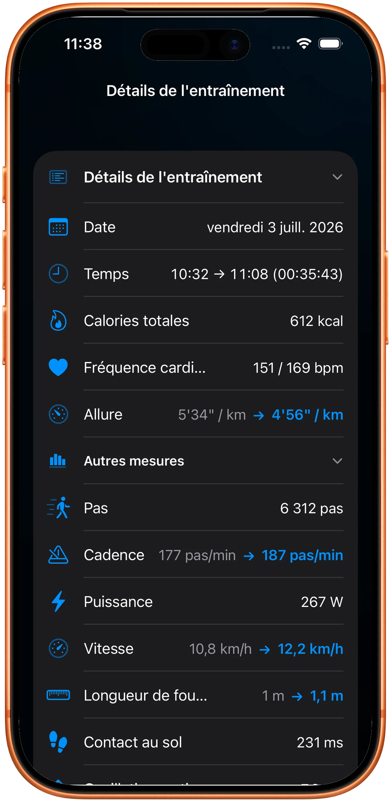 Détail de l'entraînement avec fréquence cardiaque, cadence et puissance conservées