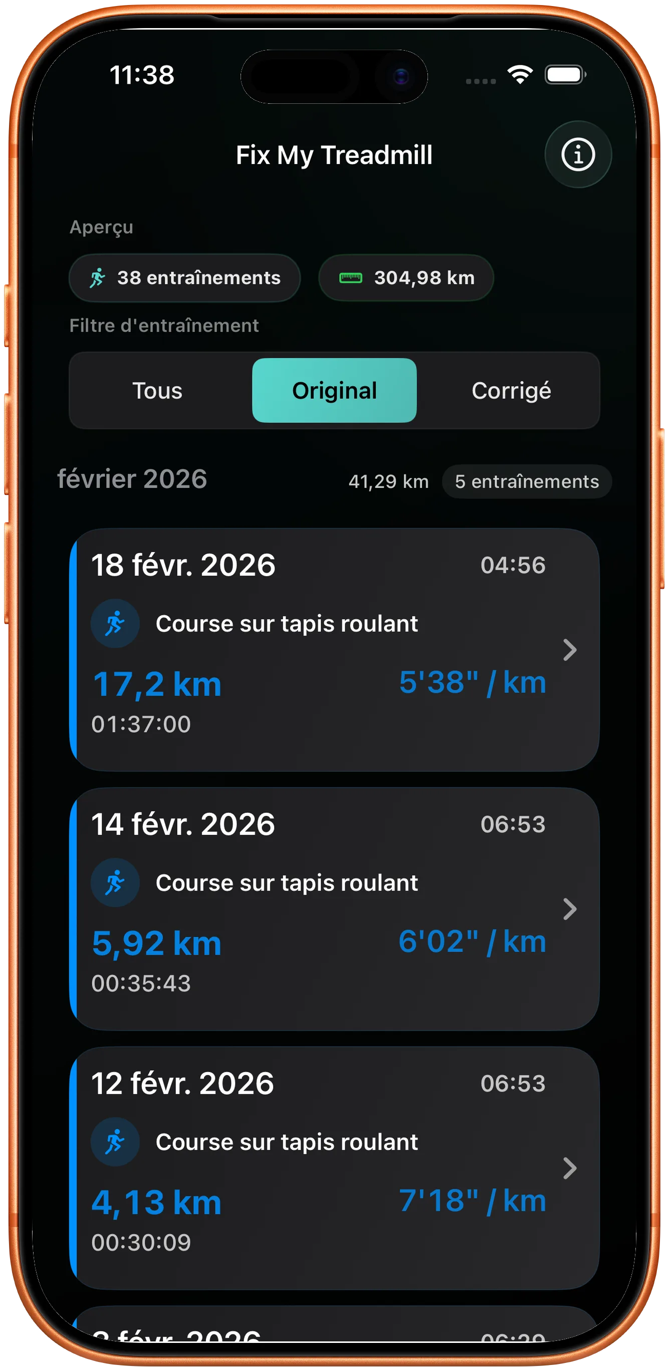 Liste d'entraînements avec une course dont la distance doit être corrigée
