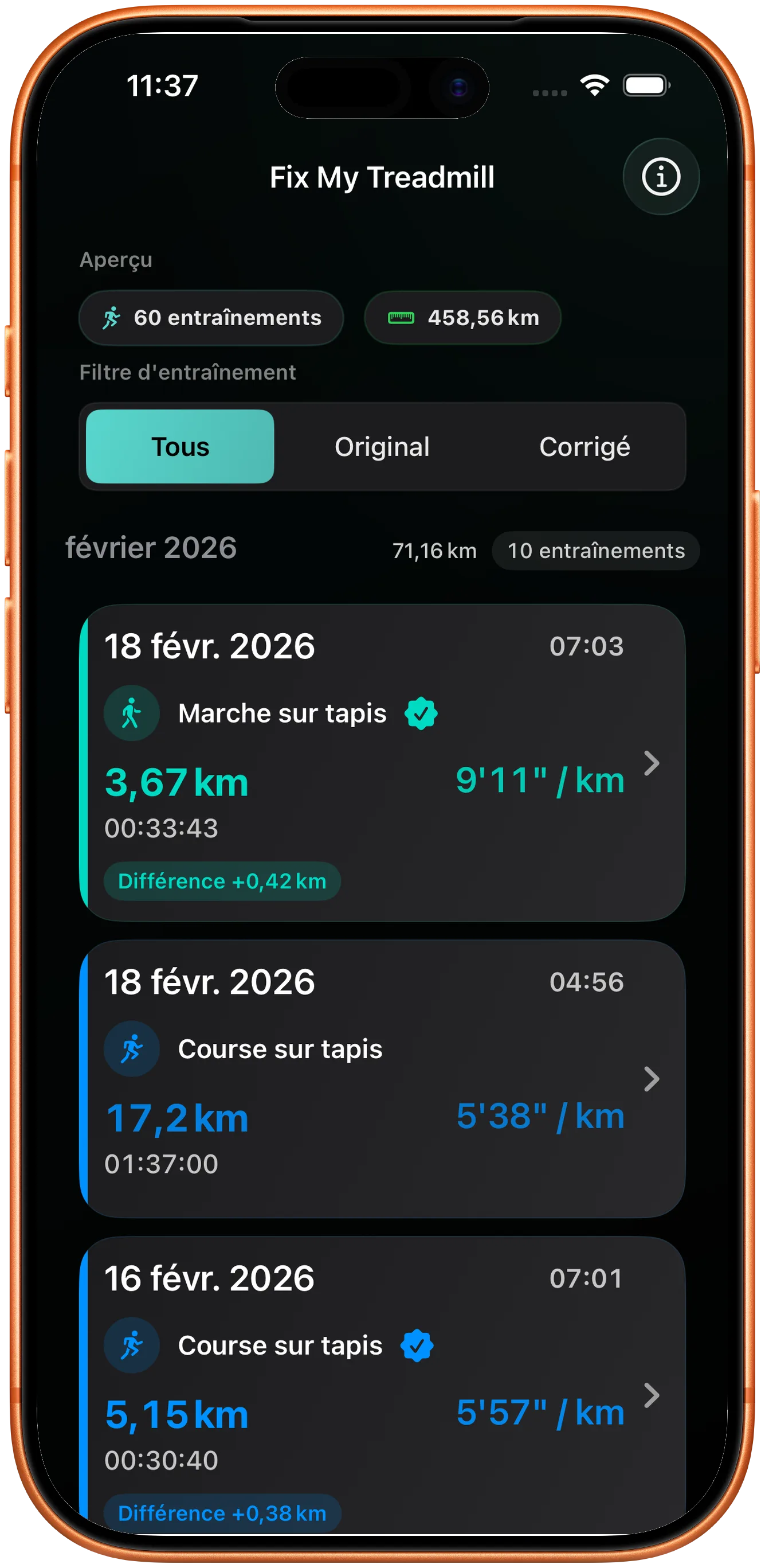 Liste d'entraînements avec la course corrigée marquée comme modifiée