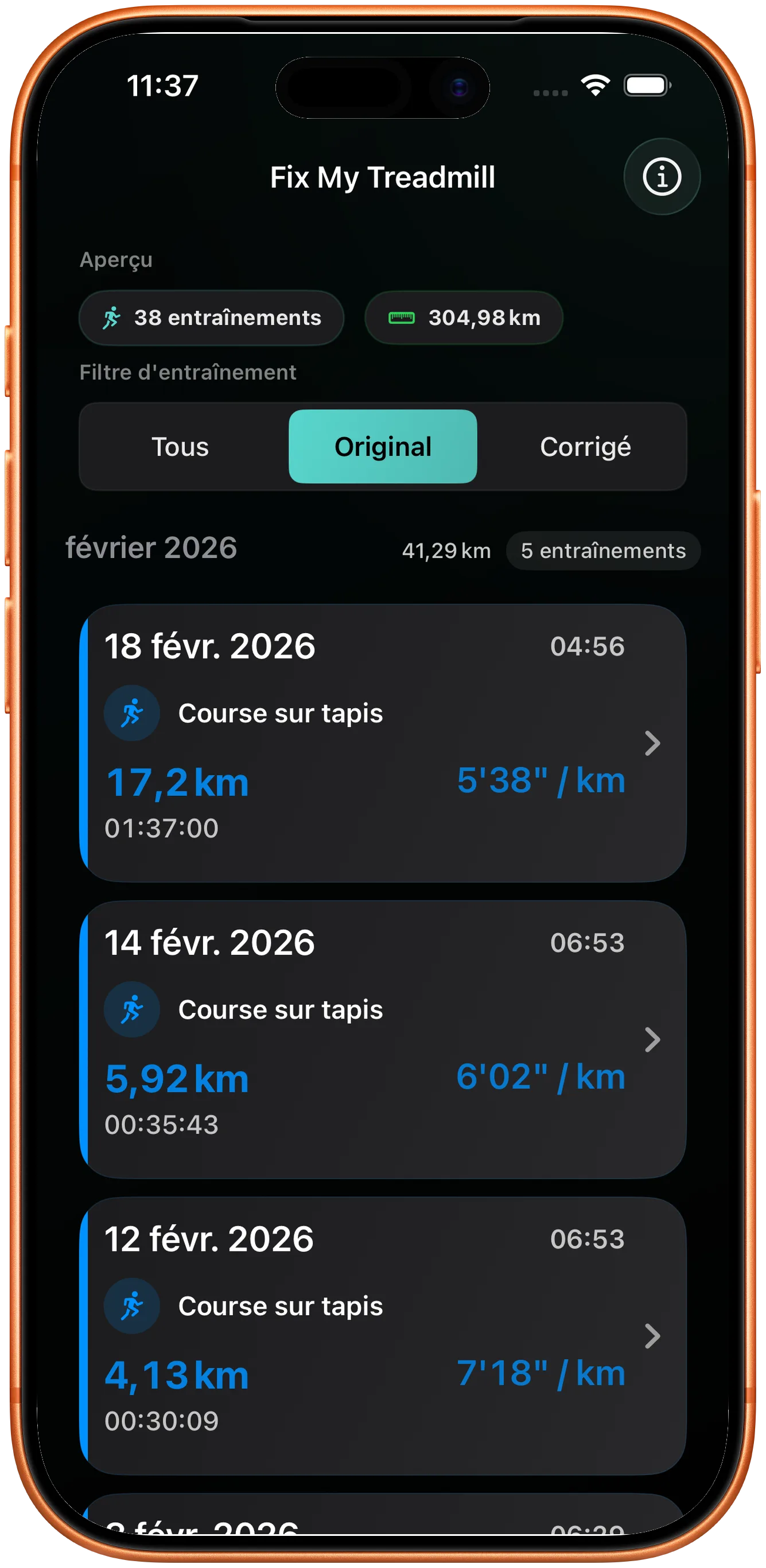 Liste d'entraînements avec une course dont la distance doit être corrigée