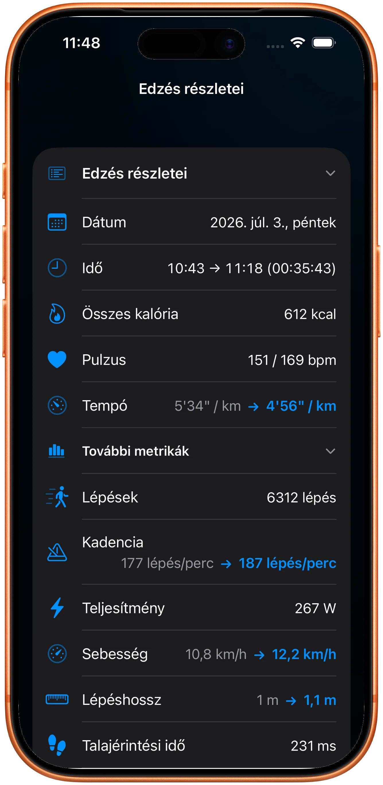 Edzésrészletek megőrzött pulzussal, lépésszámmal és teljesítménnyel