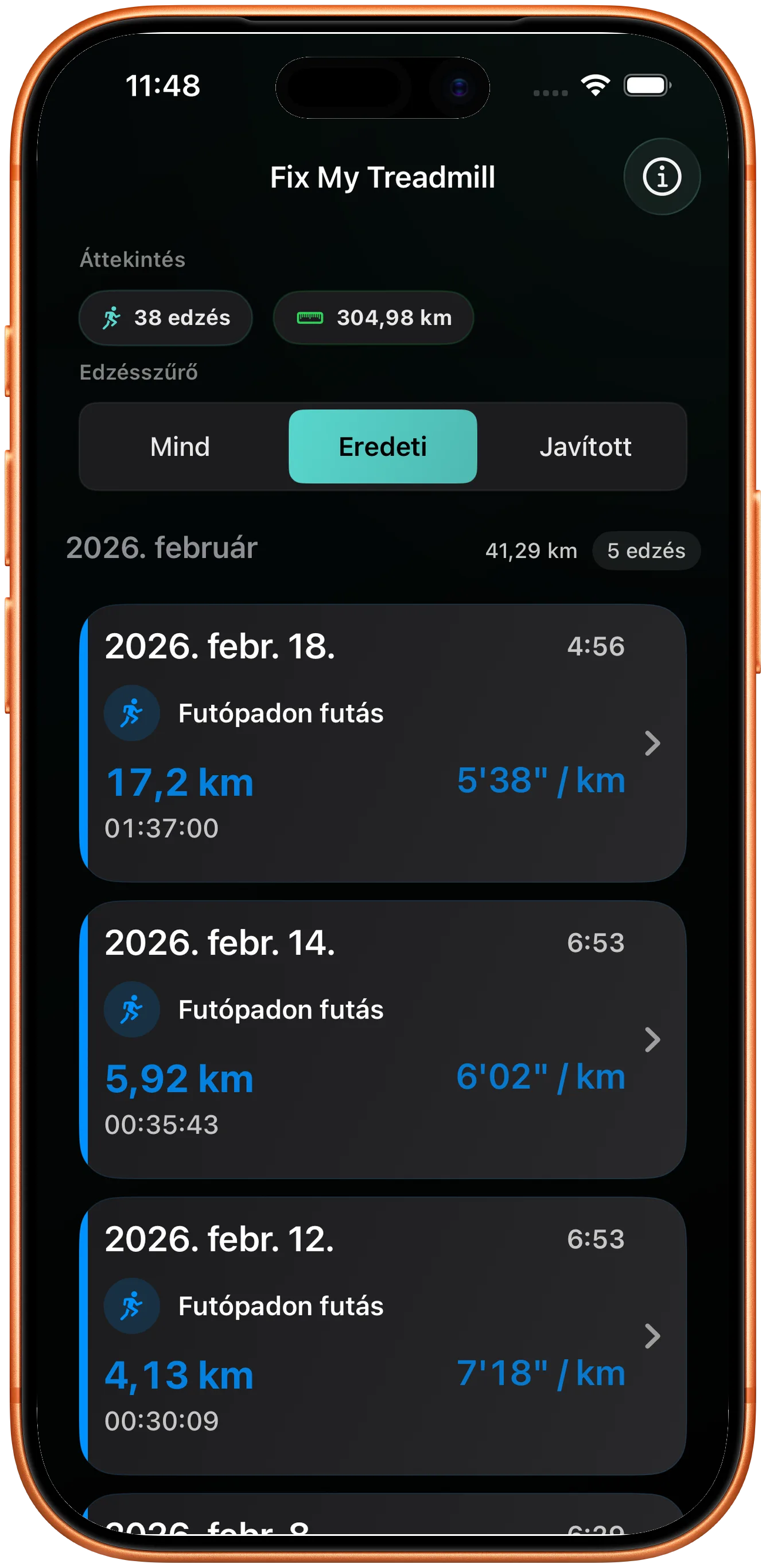 Edzéslista egy futással, aminek a távolságát javítani kell