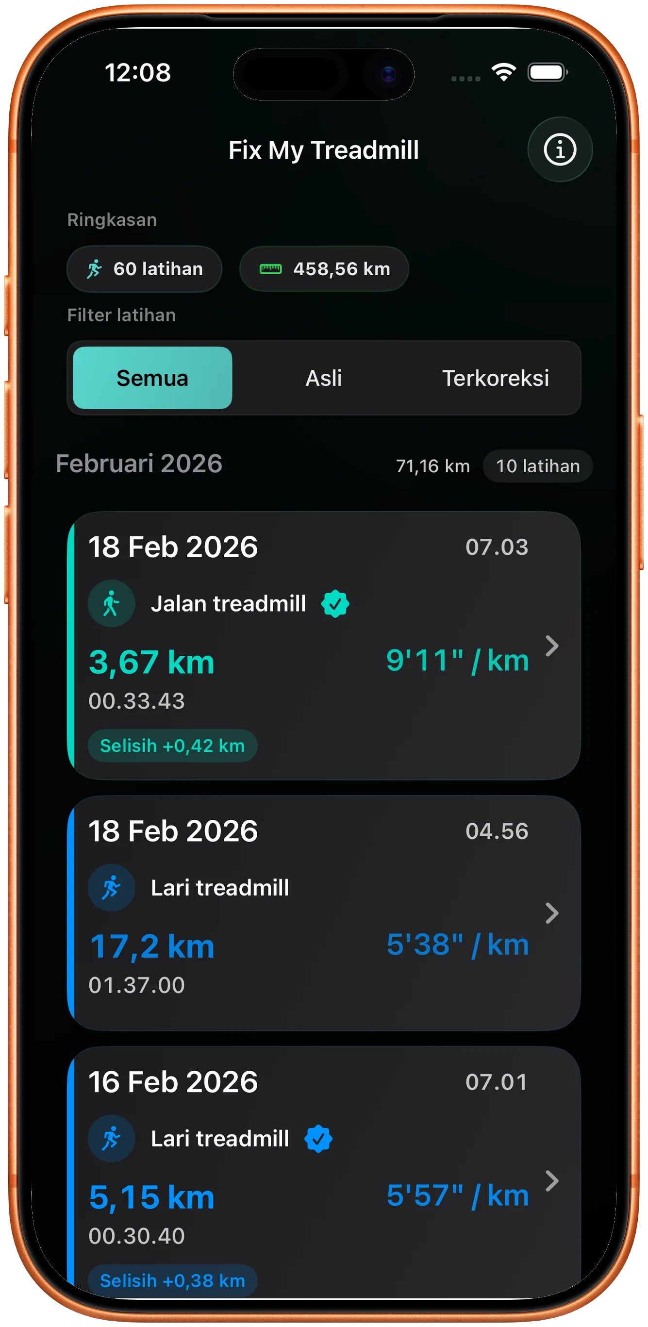 Daftar latihan dengan lari yang diperbaiki ditandai sebagai berubah
