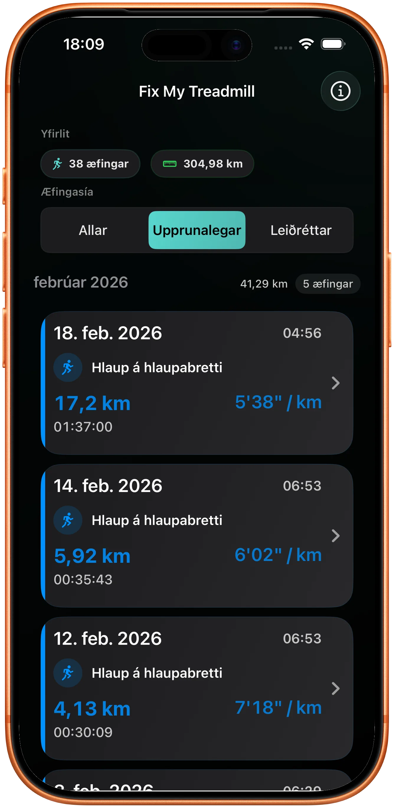 Æfingalisti með hlaupi þar sem þarf að laga vegalengdina