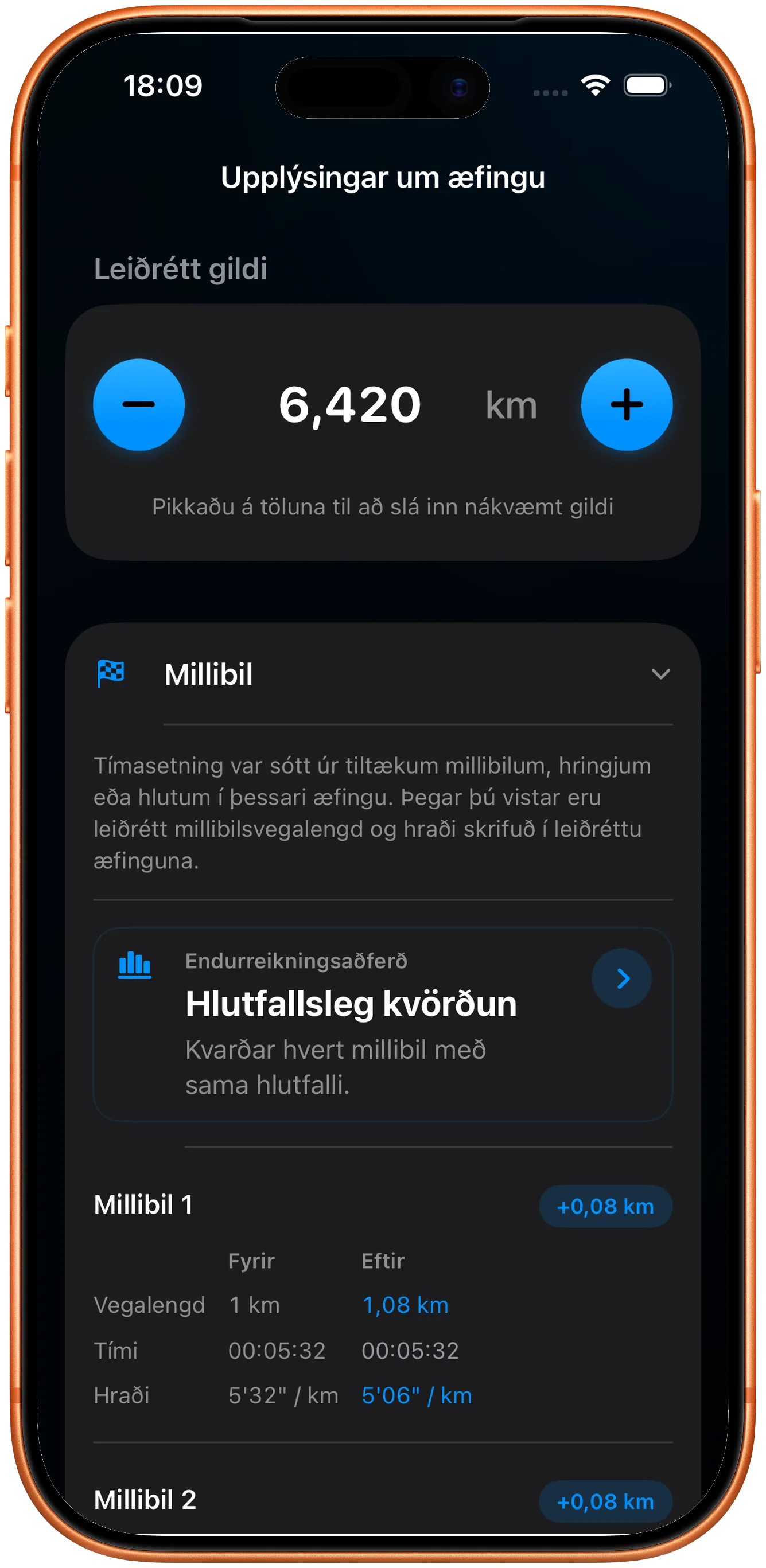 Millitímalisti hlutfallslega endurskalaður eftir leiðréttinguna