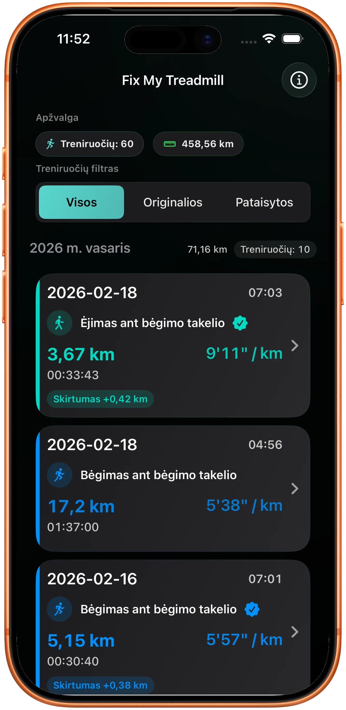 Treniruočių sąrašas su pataisytu bėgimu, pažymėtu kaip pakeistu