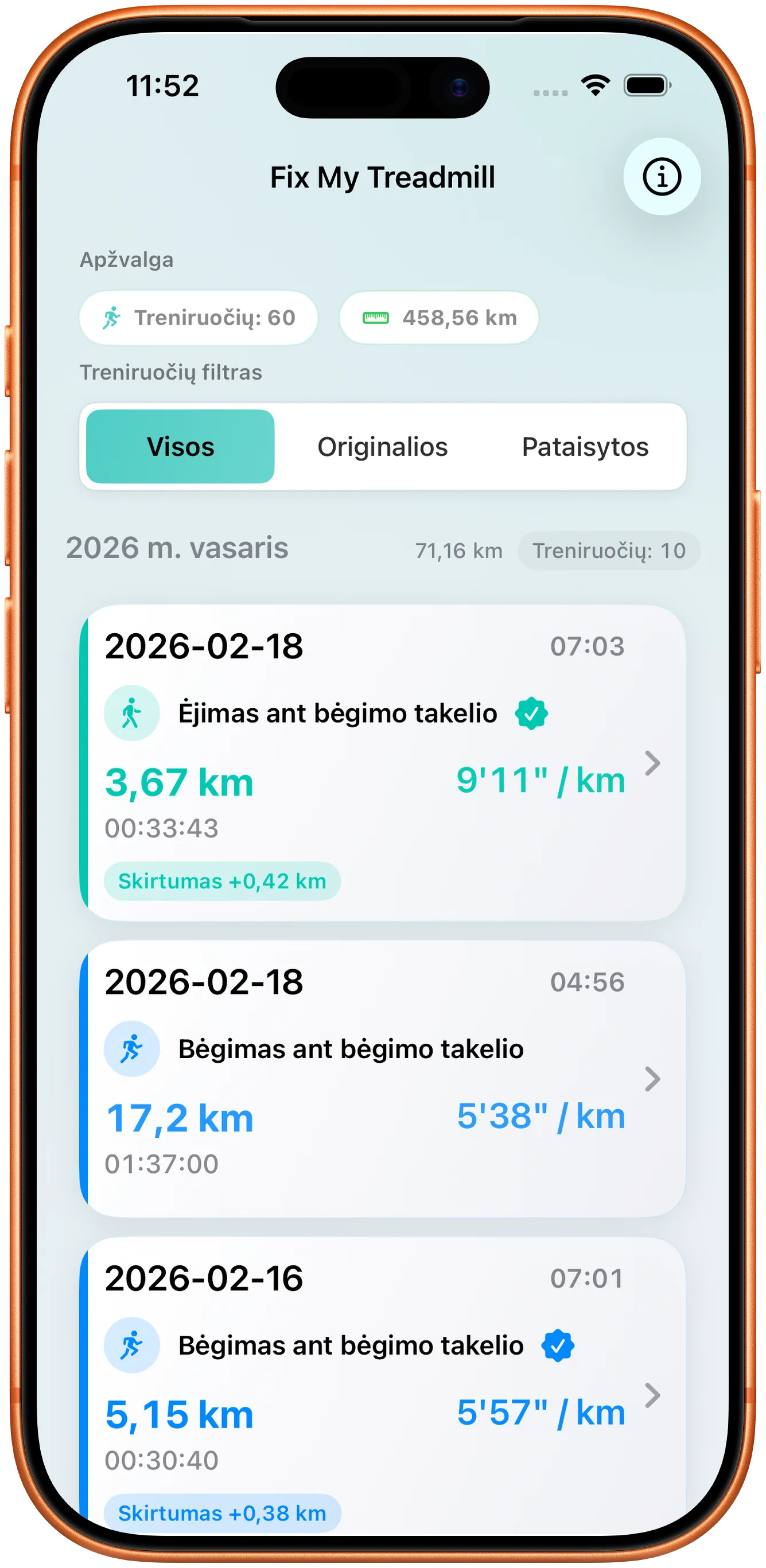 Treniruočių sąrašas šviesiu režimu
