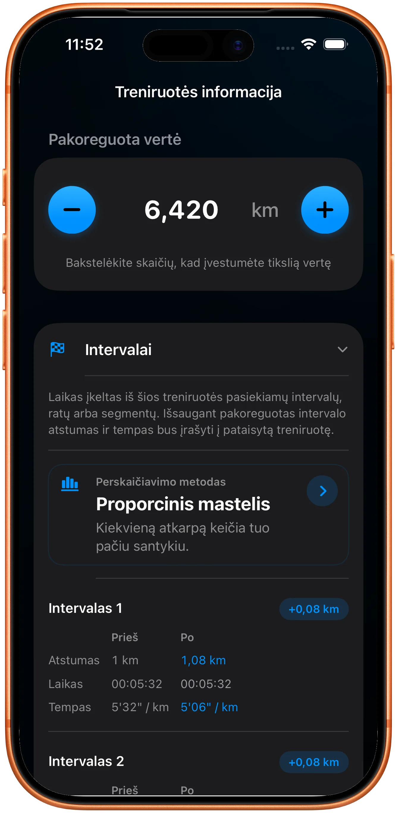 Po taisymo proporcingai perskaičiuotas atkarpų sąrašas