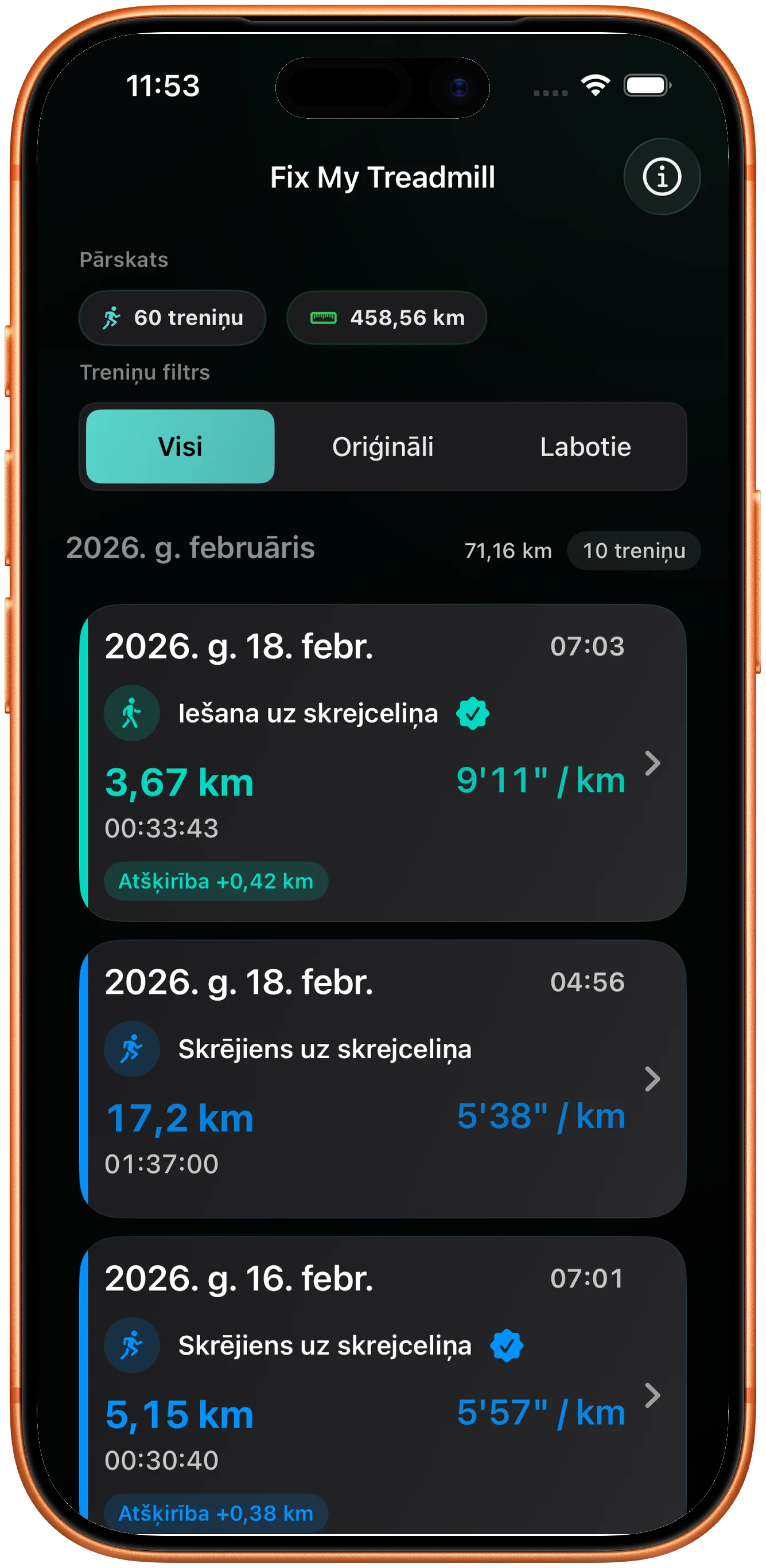 Treniņu saraksts ar izlaboto skrējienu, atzīmētu kā mainītu