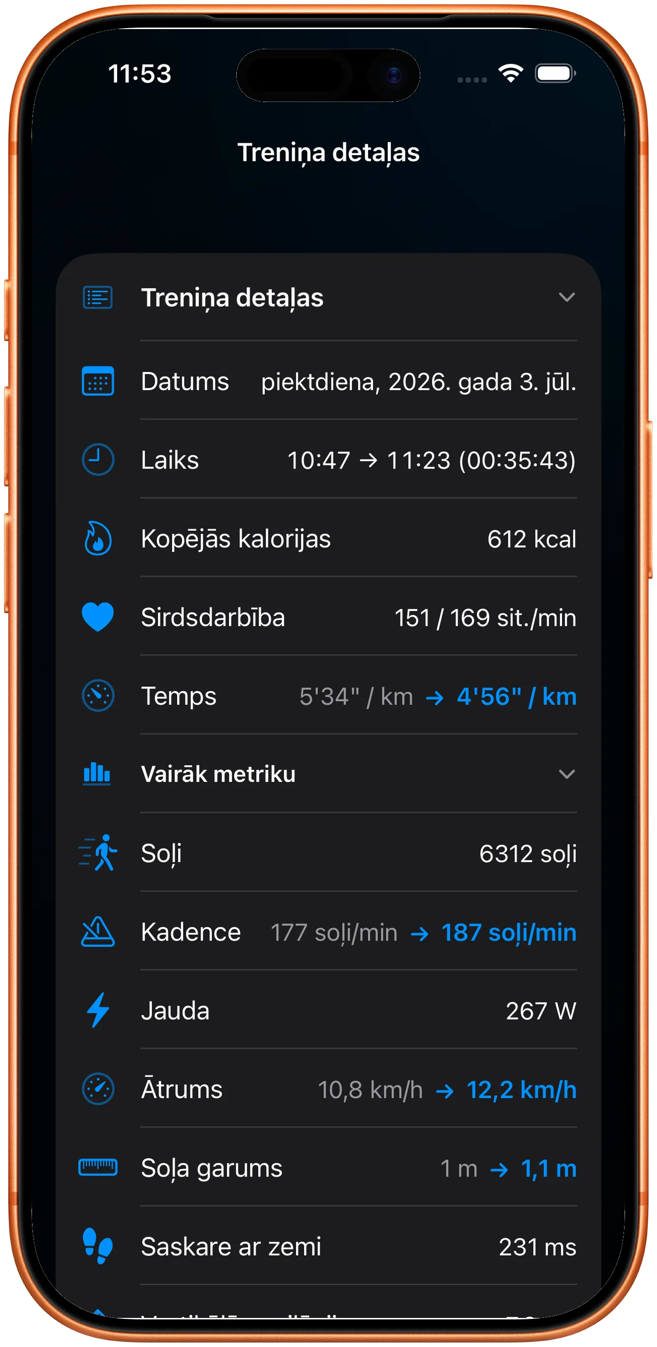 Treniņa detaļas ar saglabātu pulsu, kadenci un jaudu