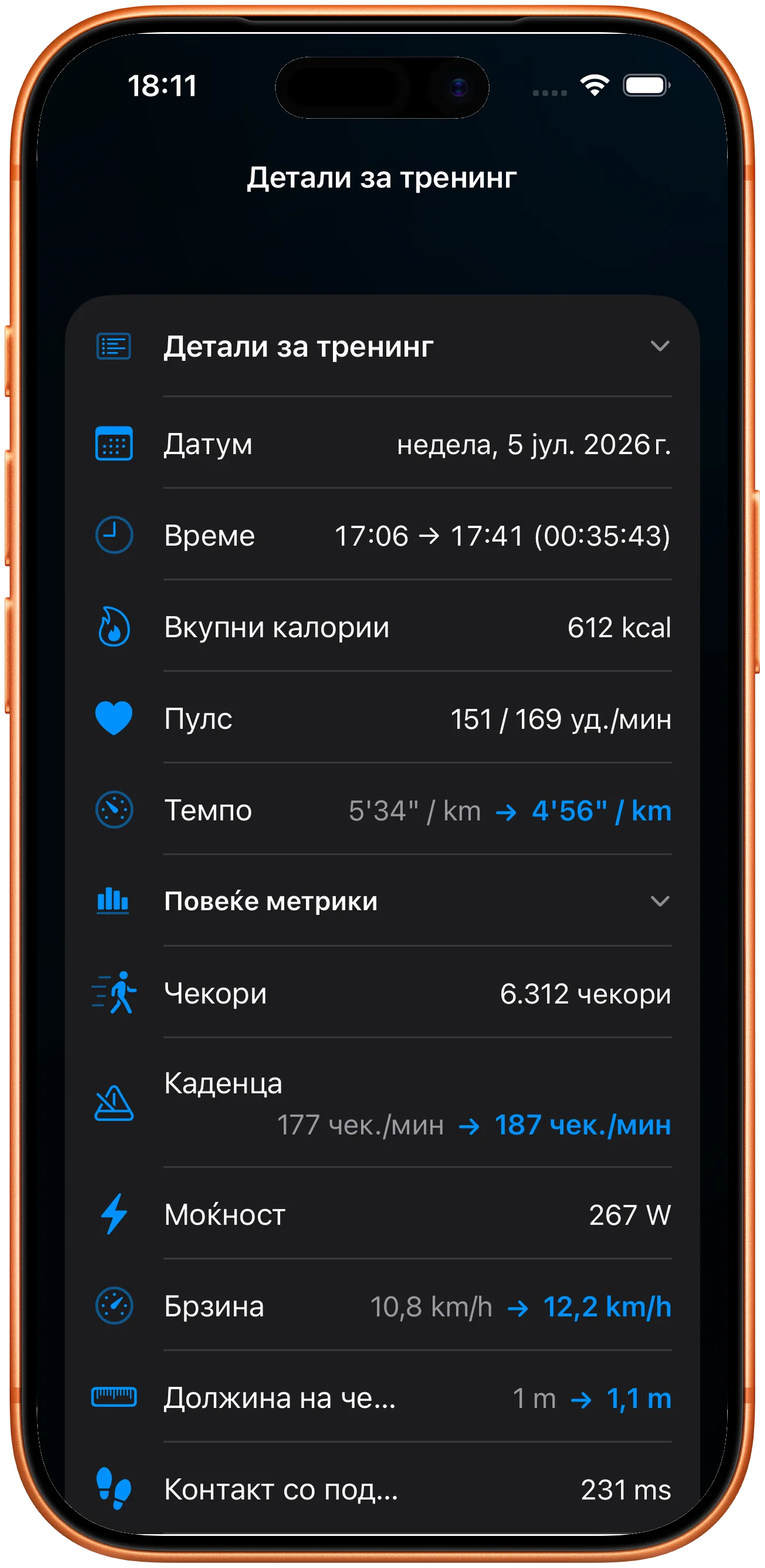 Детали за тренингот со зачувани пулс, каденца и моќност