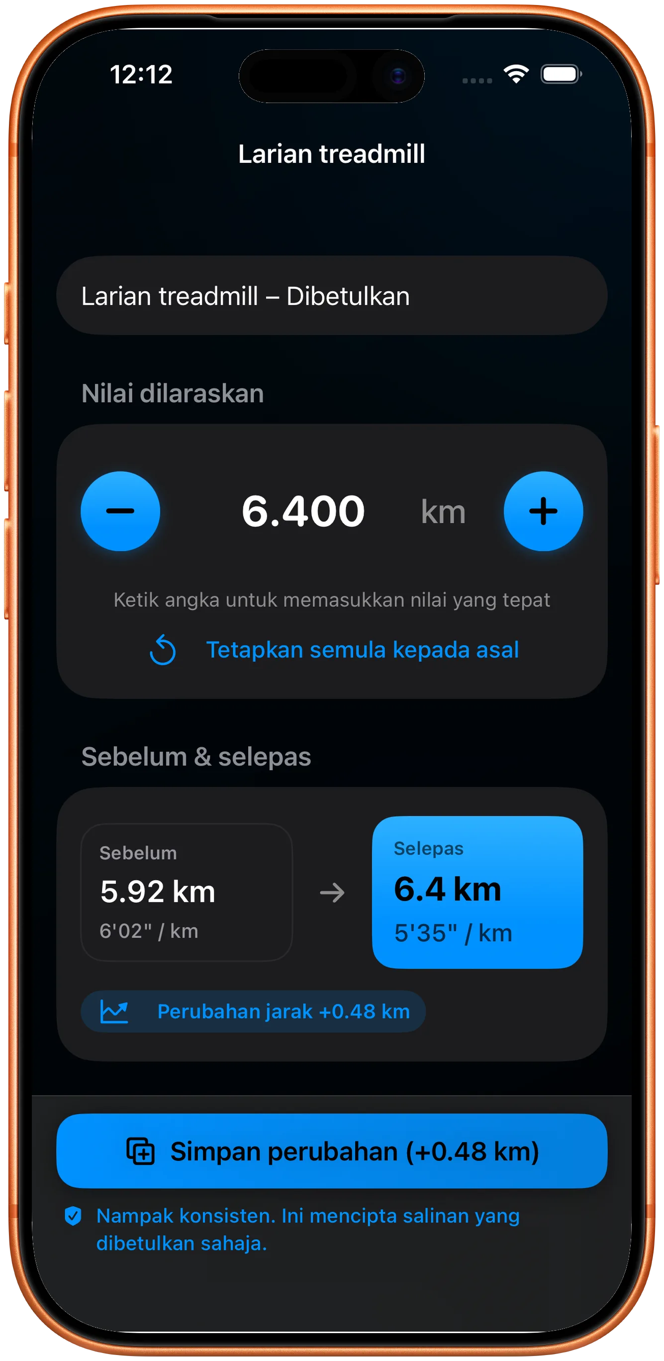 Penyunting untuk memasukkan jarak yang dibetulkan