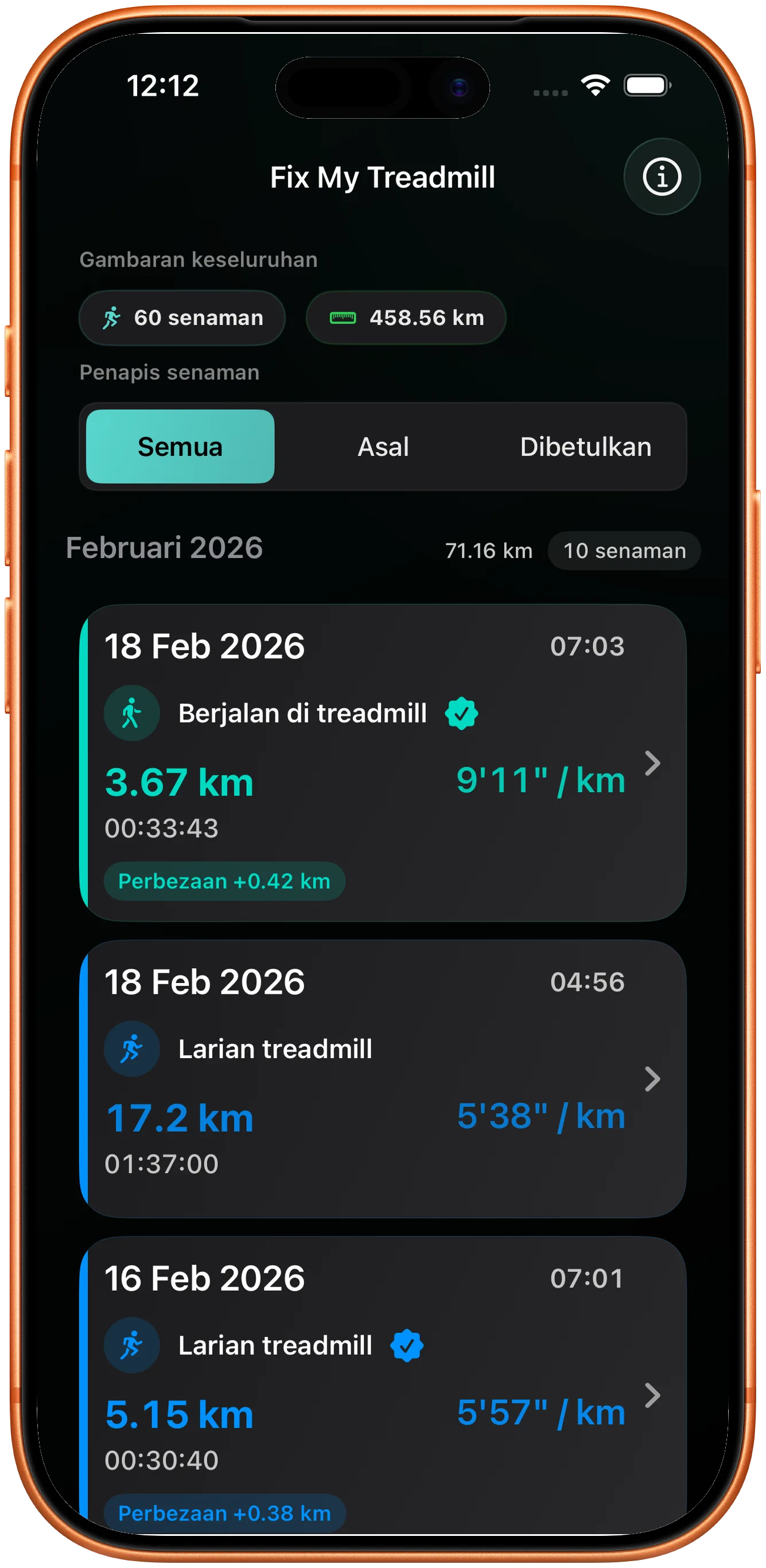 Senarai senaman dengan larian yang dibetulkan ditanda sebagai berubah