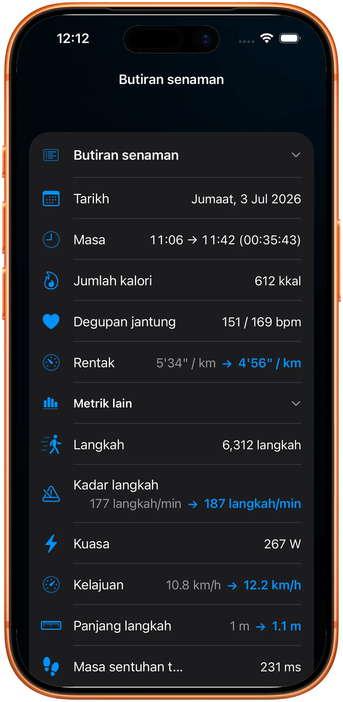 Butiran senaman dengan kadar denyut, kadens dan kuasa terpelihara
