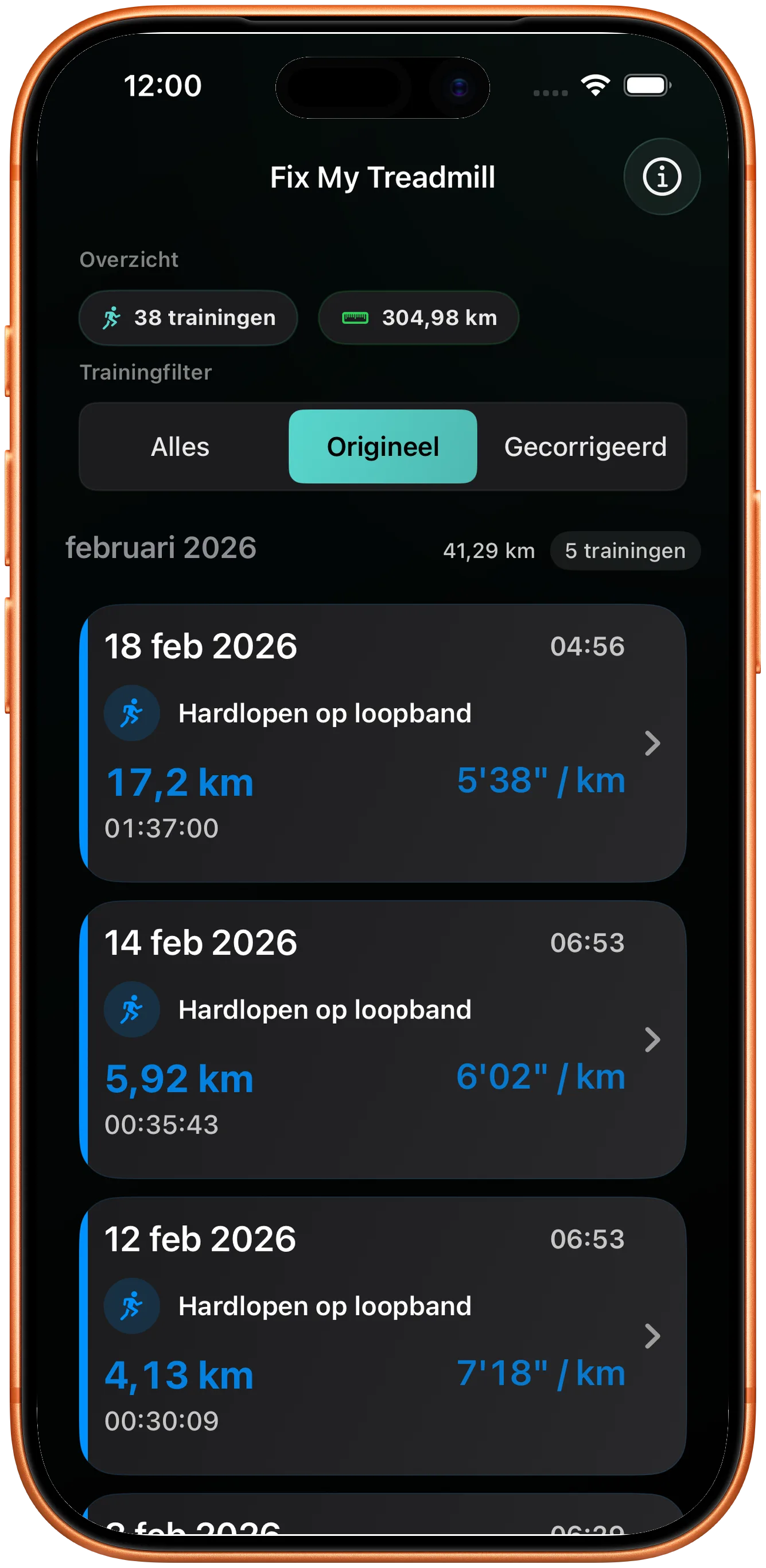 Work-outlijst met een loop waarvan de afstand gecorrigeerd moet worden