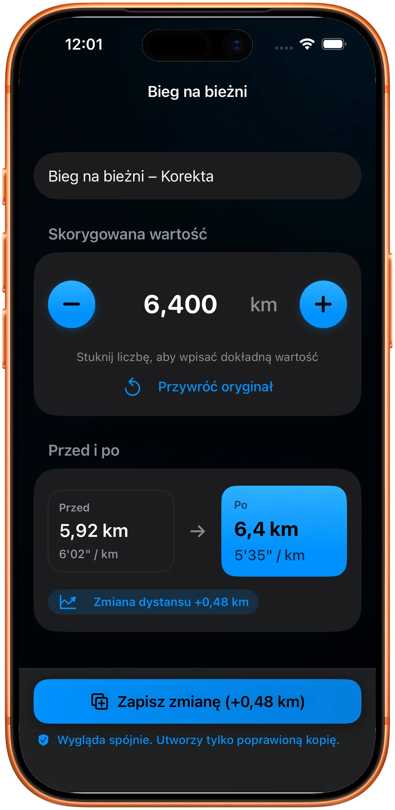 Edytor do wpisania poprawionego dystansu