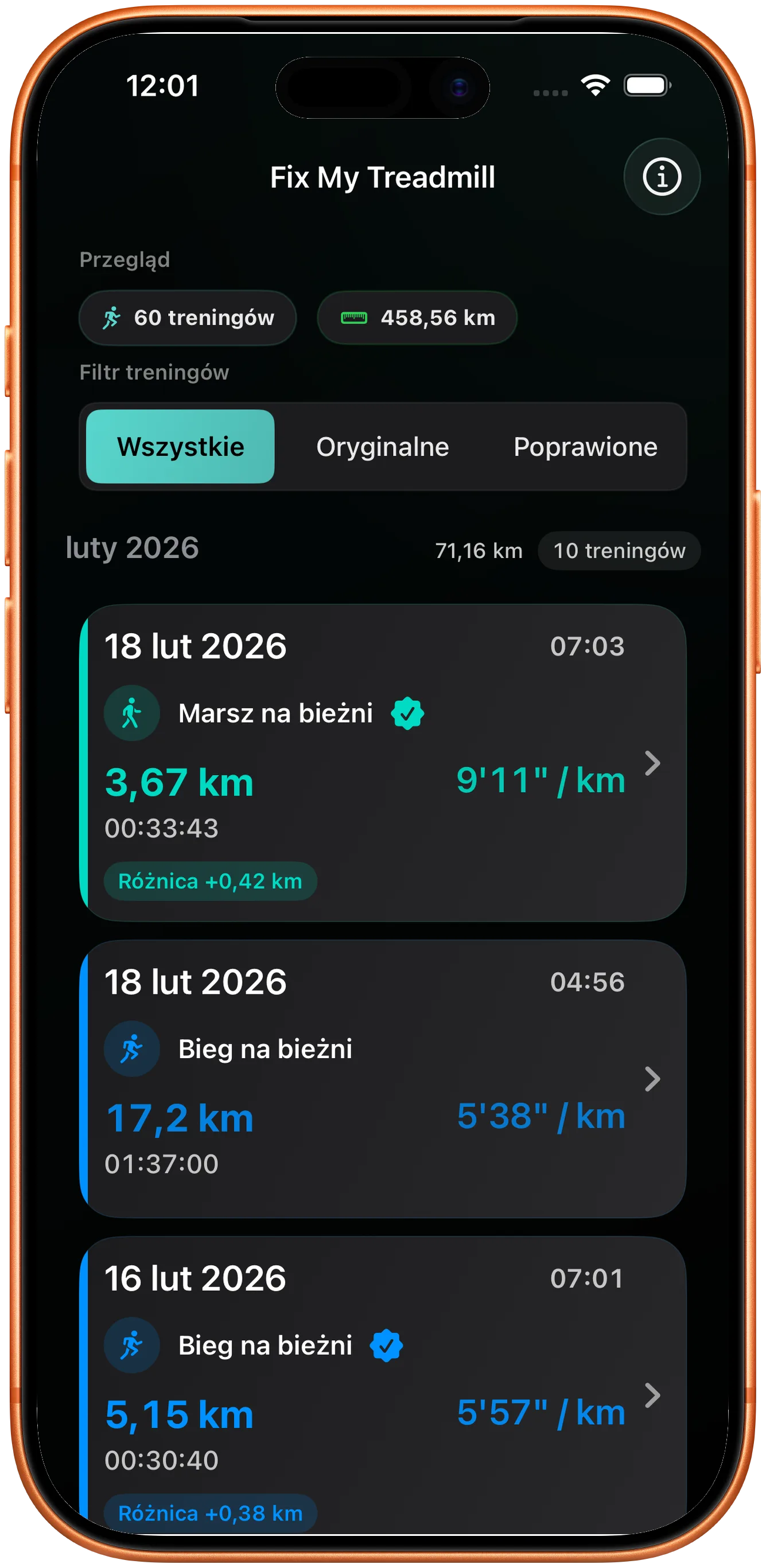 Lista treningów z poprawionym biegiem oznaczonym jako zmieniony
