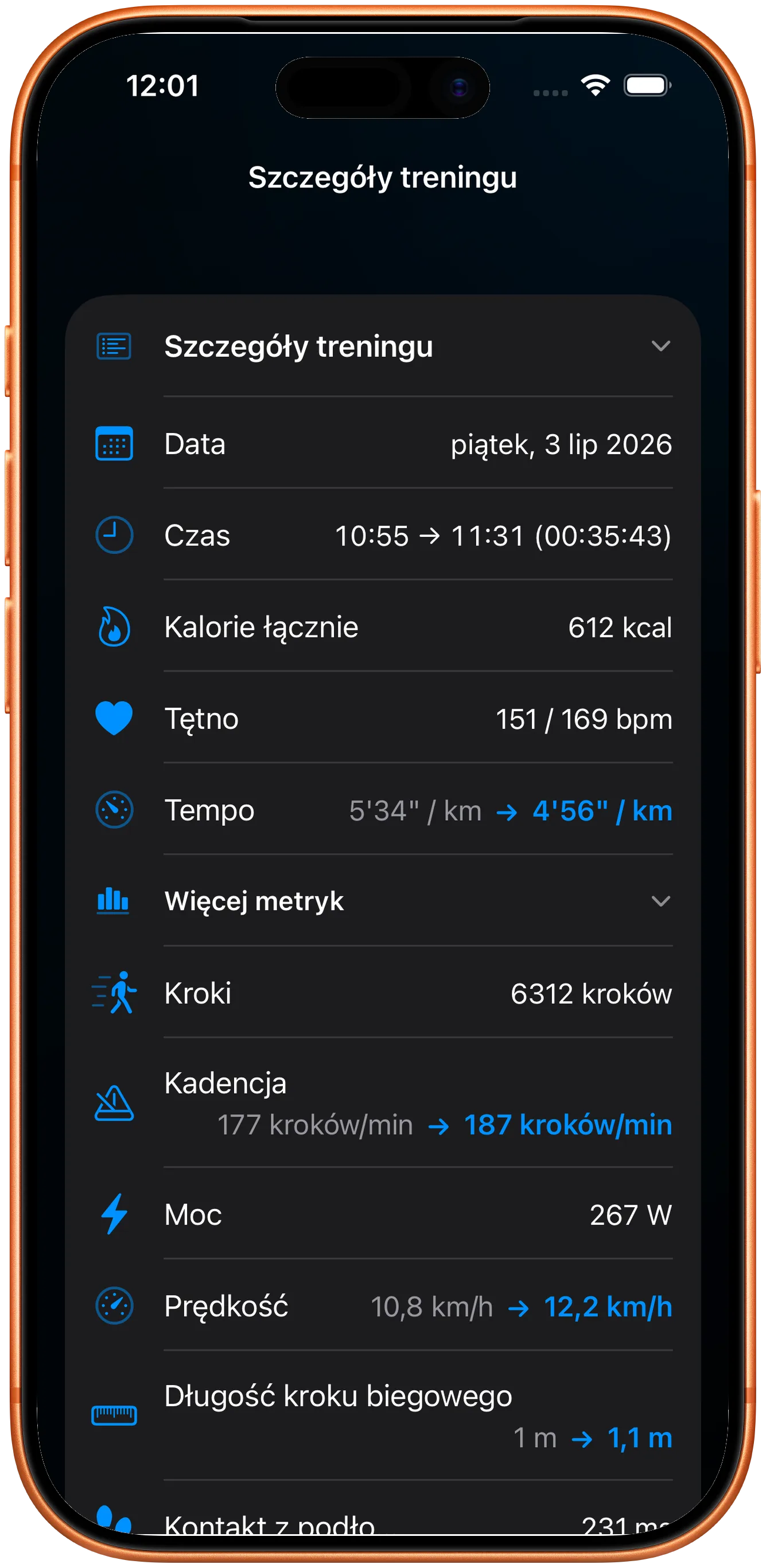 Szczegóły treningu z zachowanym tętnem, kadencją i mocą
