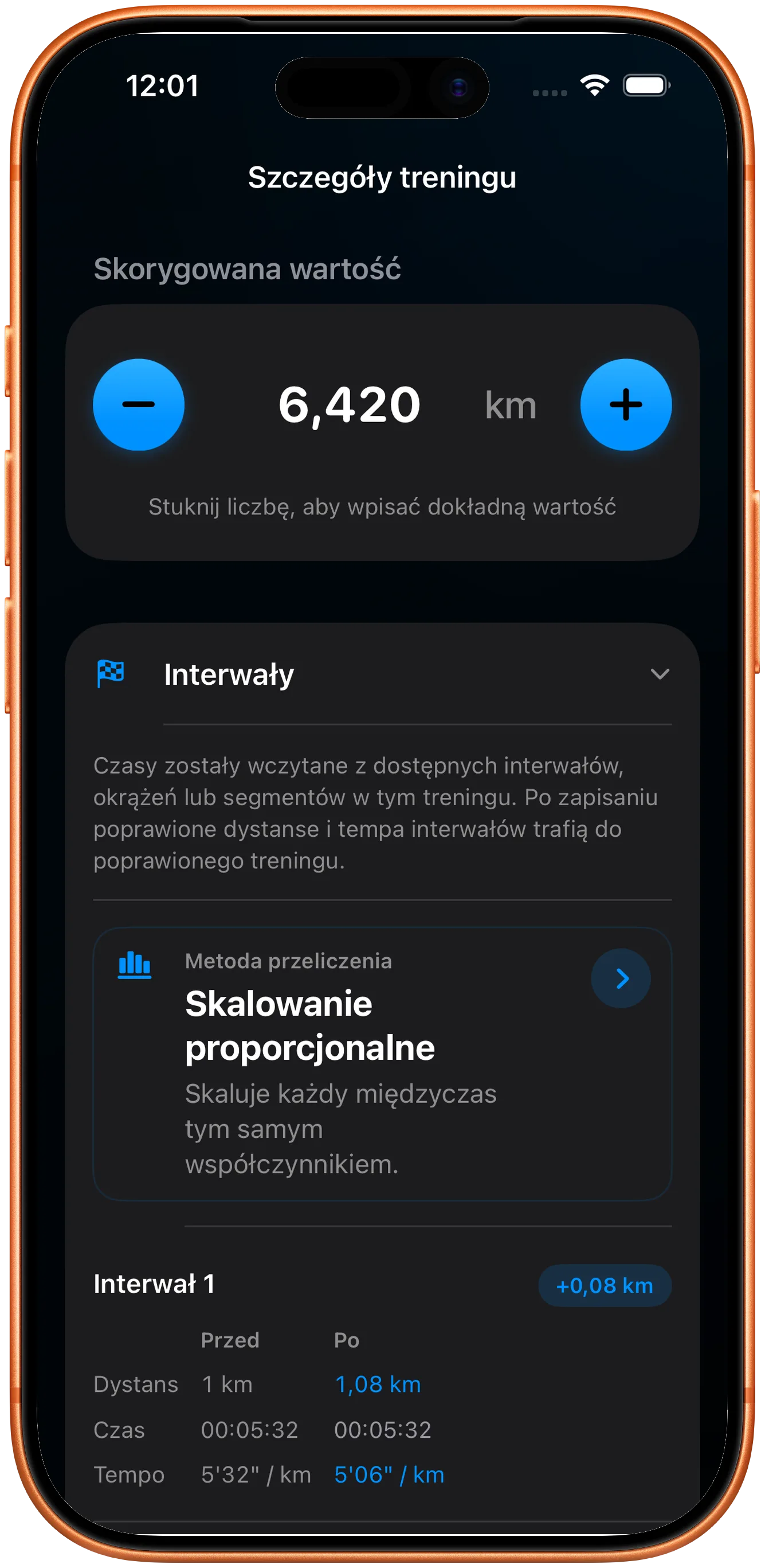 Lista odcinków przeskalowana proporcjonalnie po poprawce