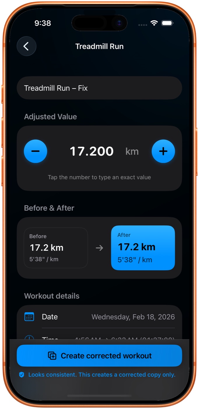 Apple Watch treadmill workout with a distance that needs correction