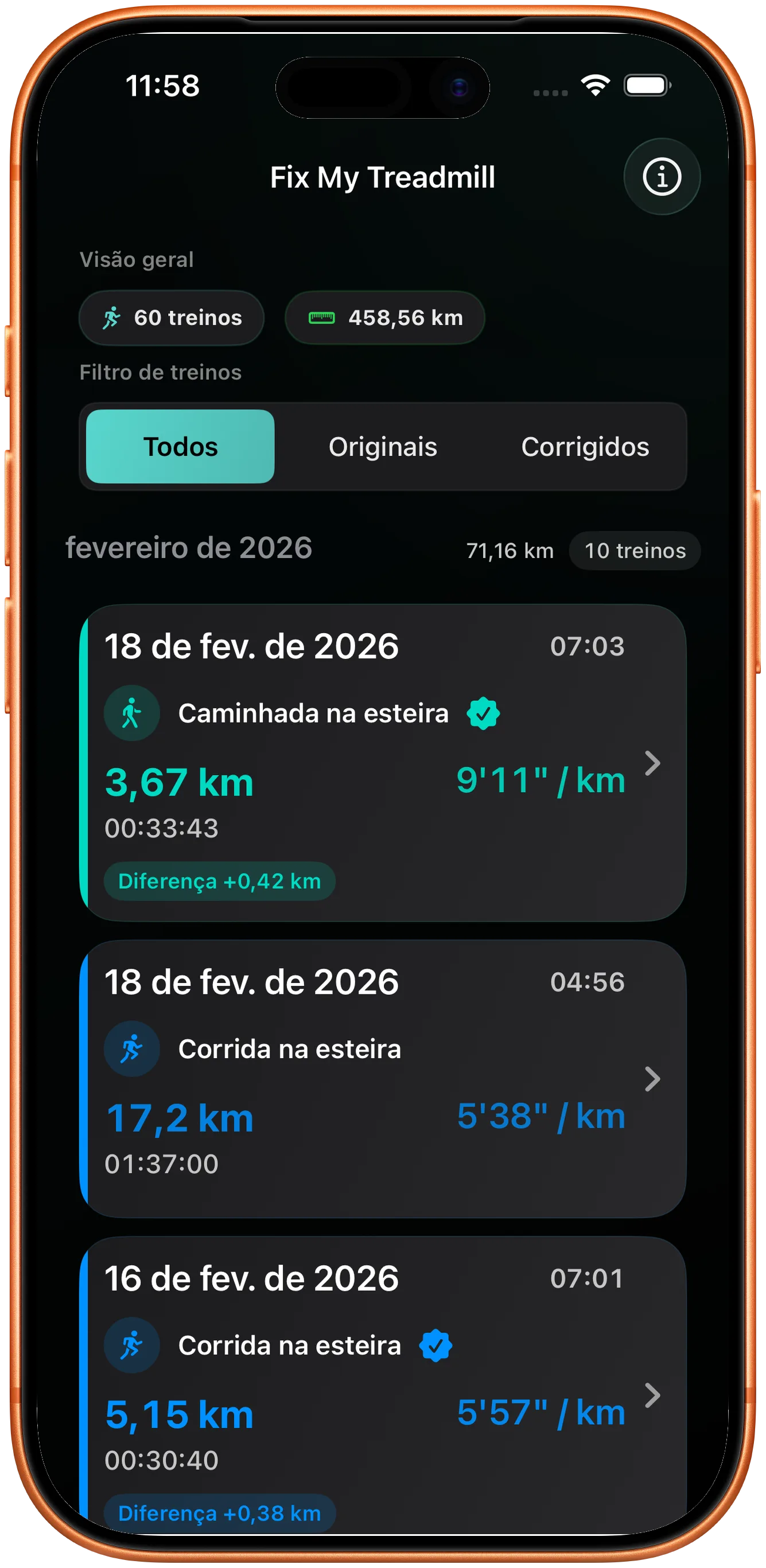 Lista de treinos com a corrida corrigida marcada como alterada
