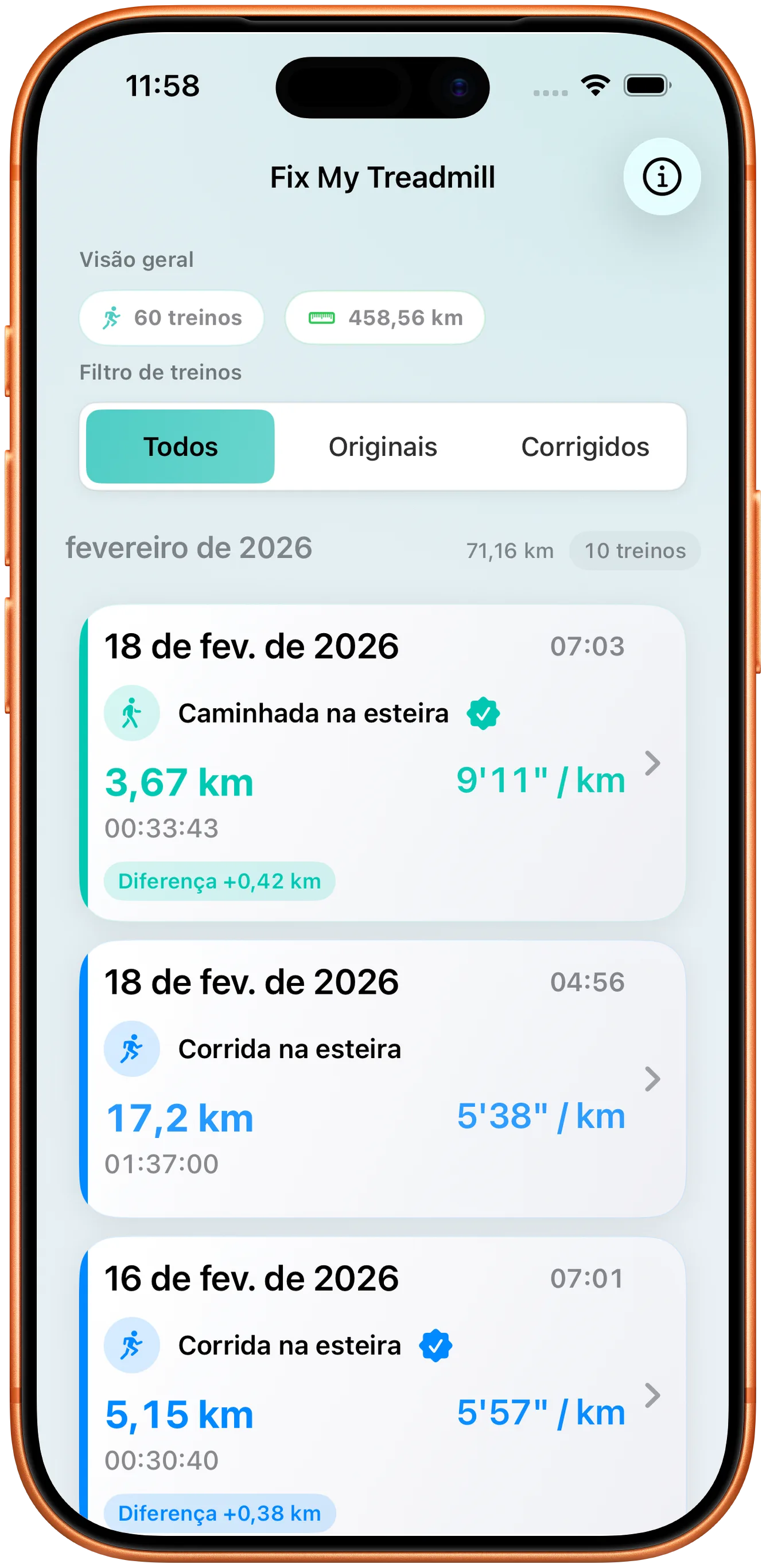 Lista de treinos no modo claro