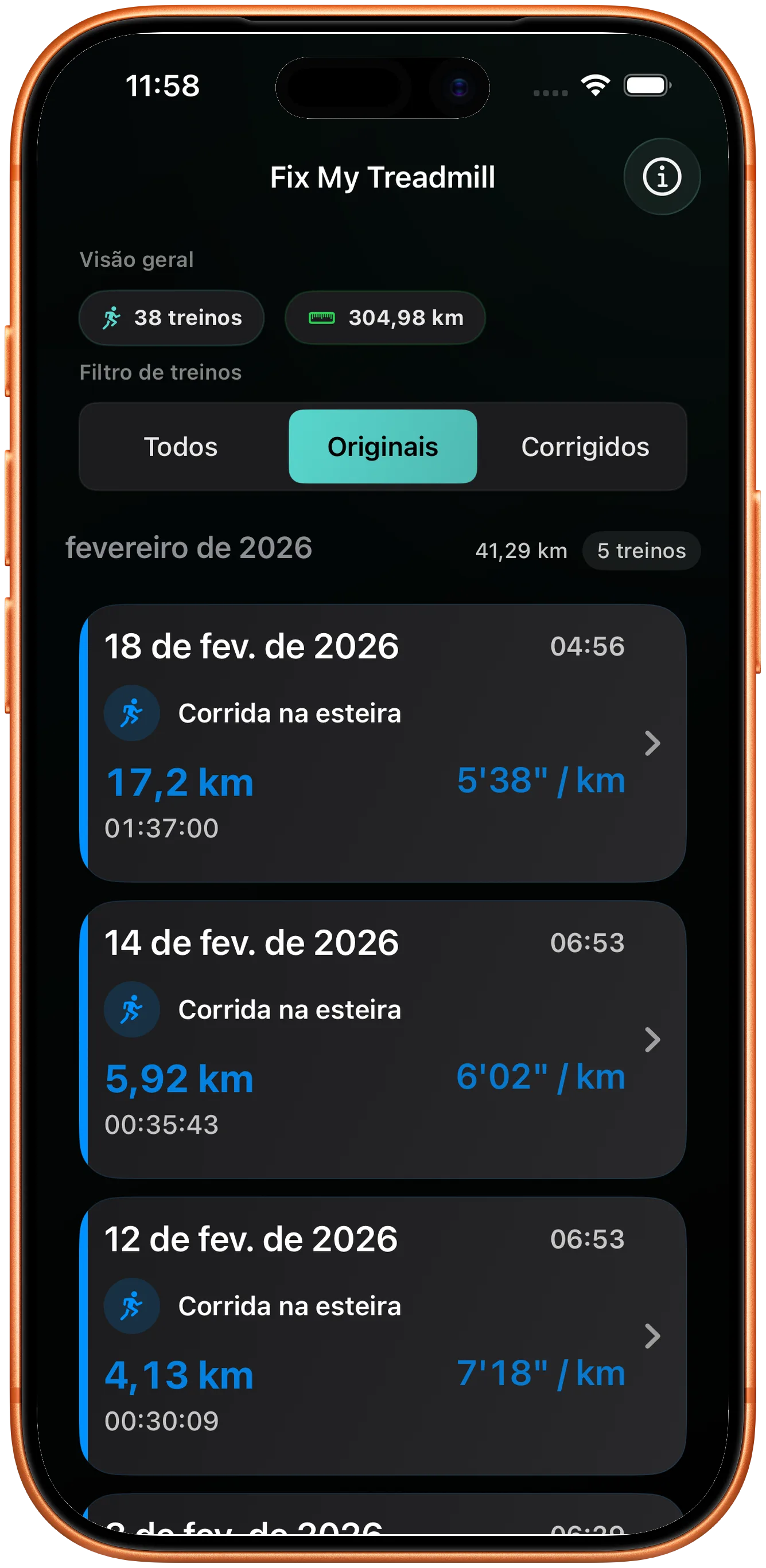 Lista de treinos com uma corrida cuja distância precisa ser corrigida