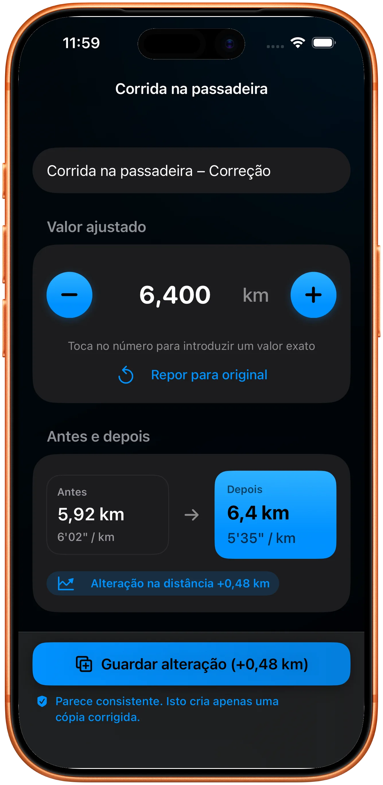 Editor para introduzir a distância corrigida