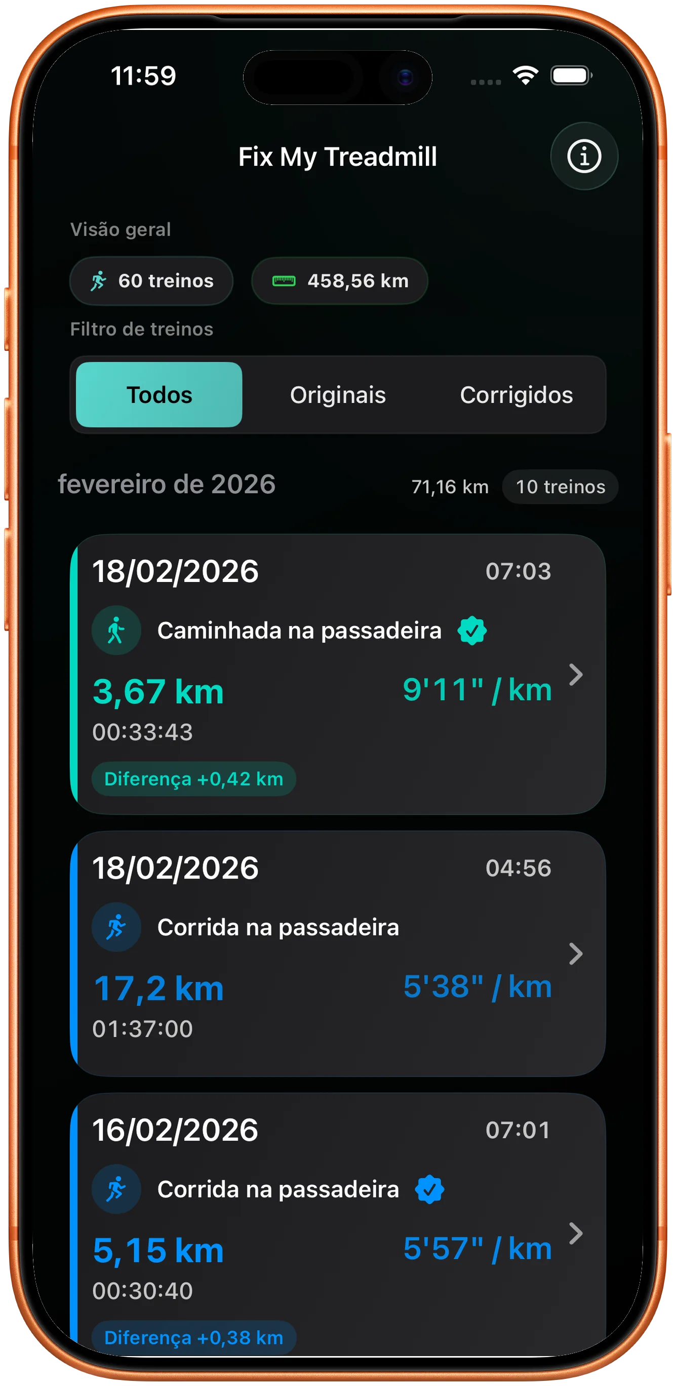 Lista de treinos com a corrida corrigida assinalada como alterada