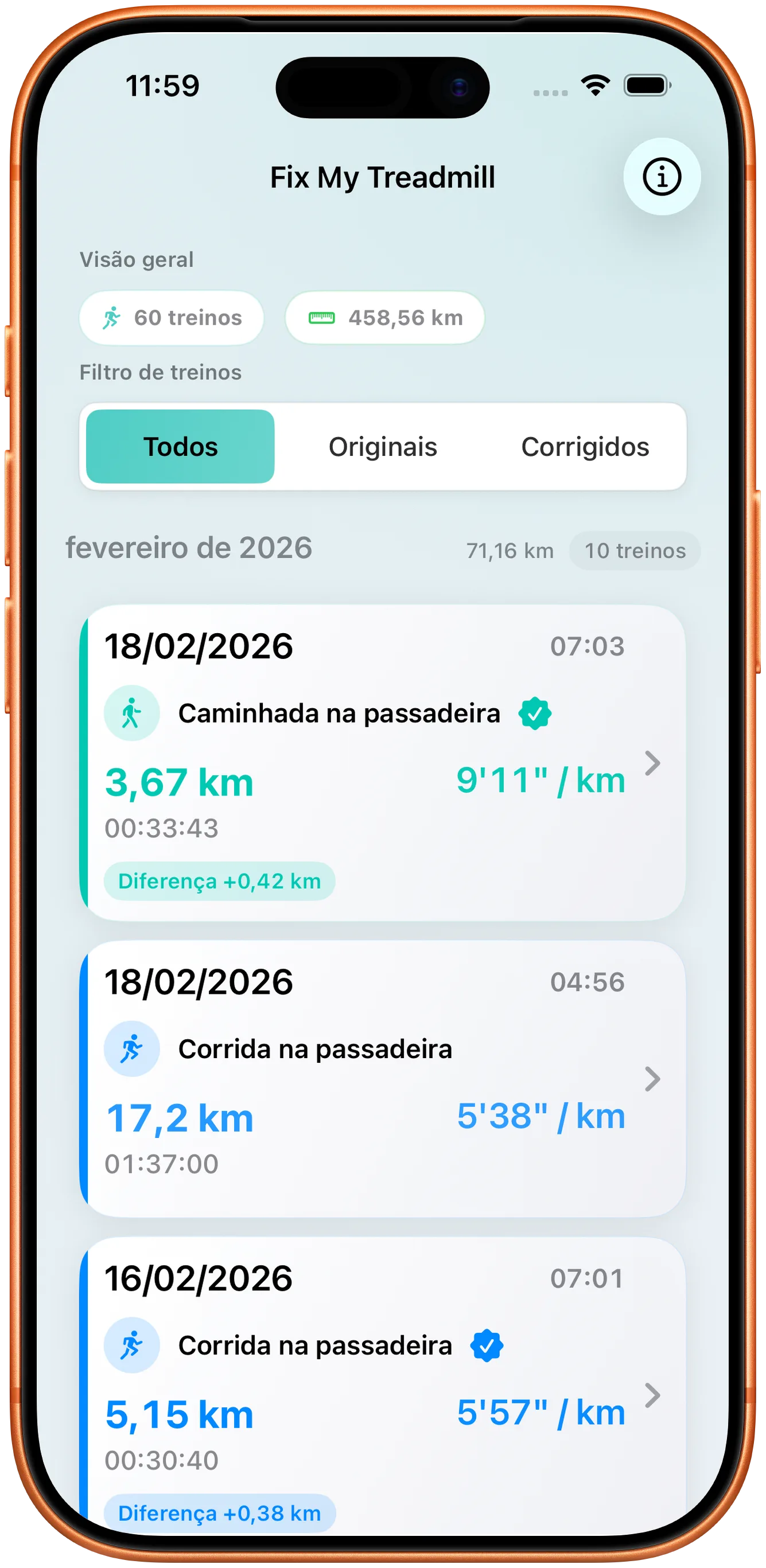 Lista de treinos em modo claro