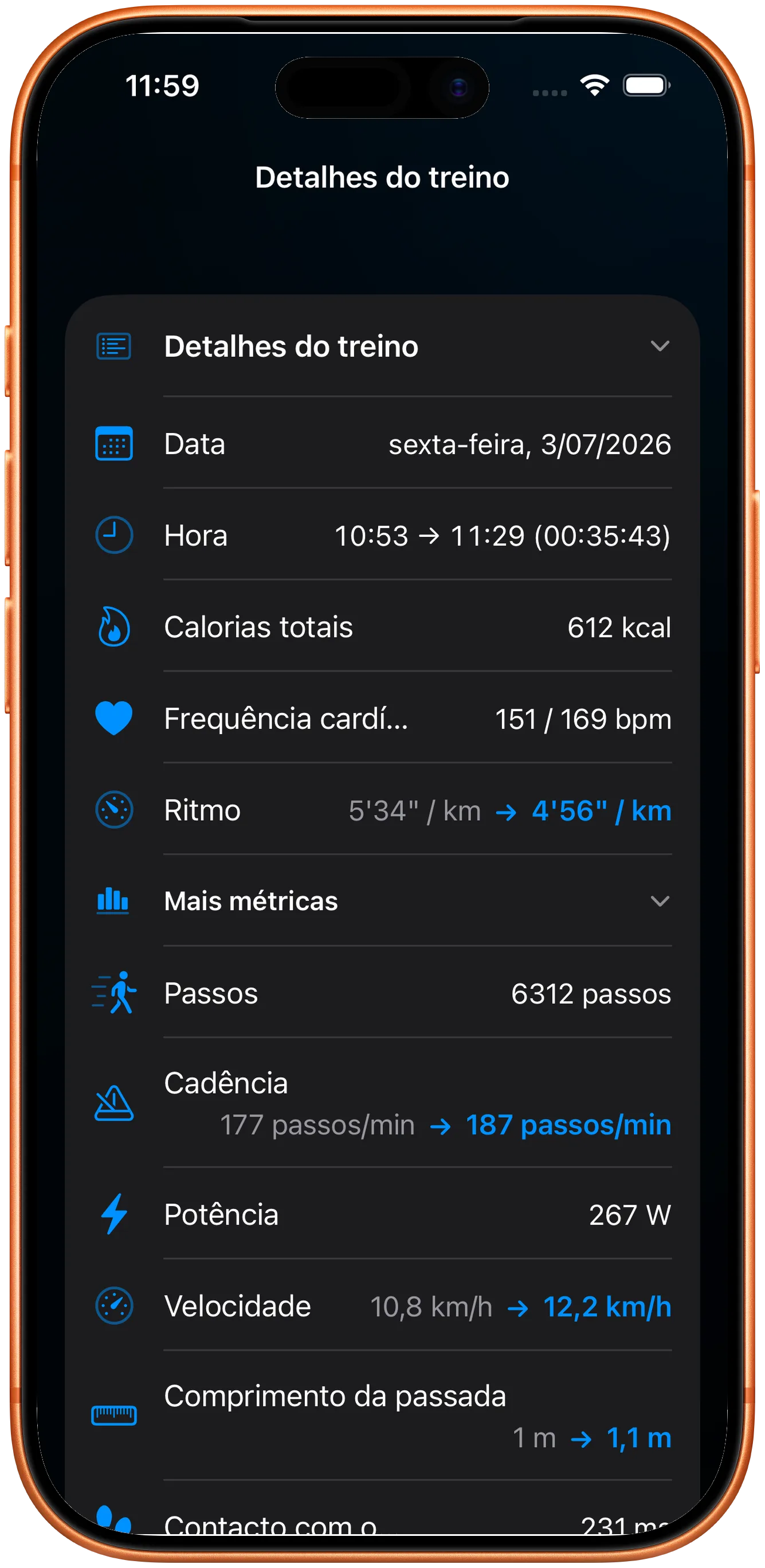 Detalhe do treino com frequência cardíaca, cadência e potência preservadas