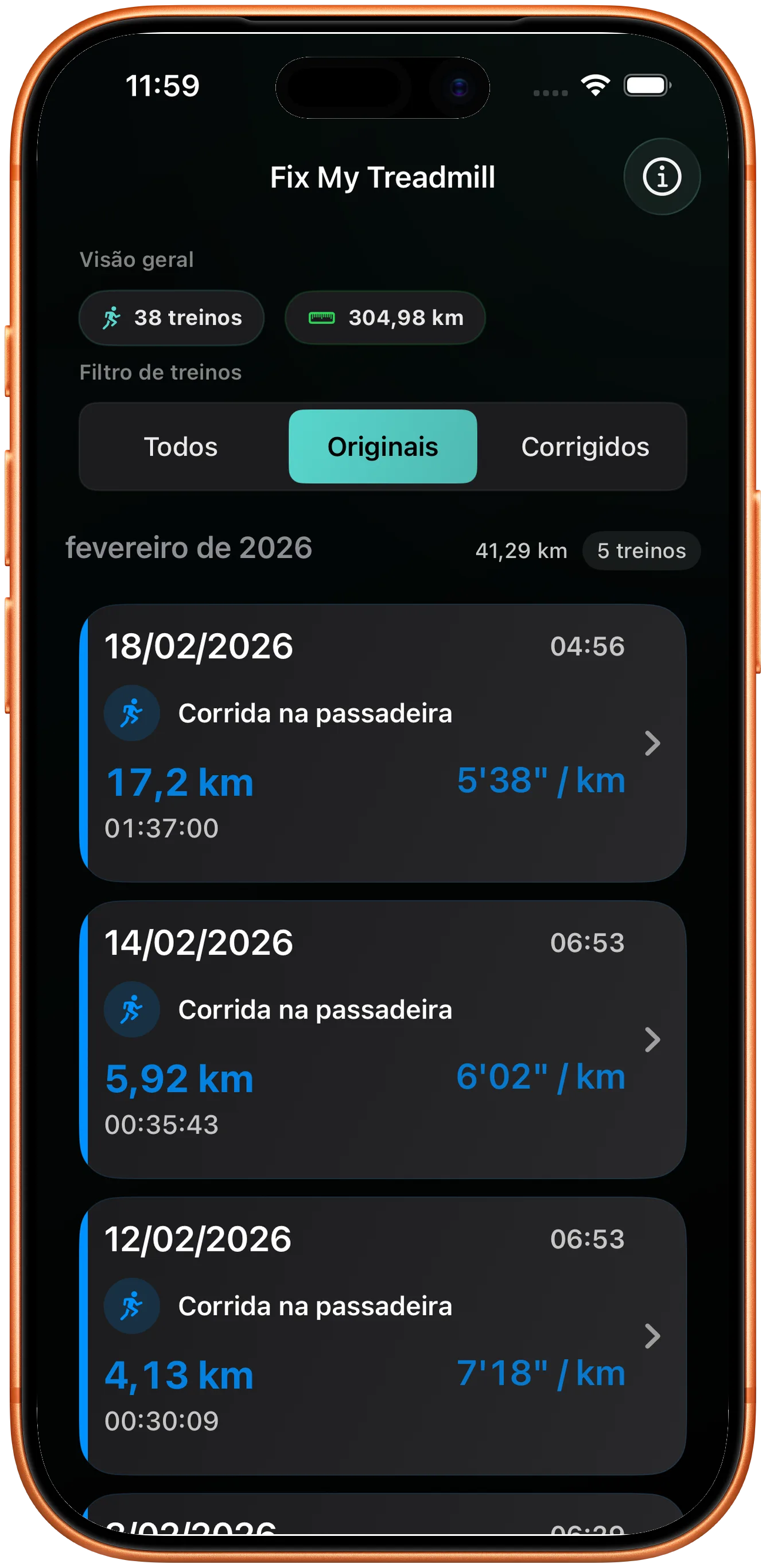 Lista de treinos com uma corrida cuja distância é preciso corrigir