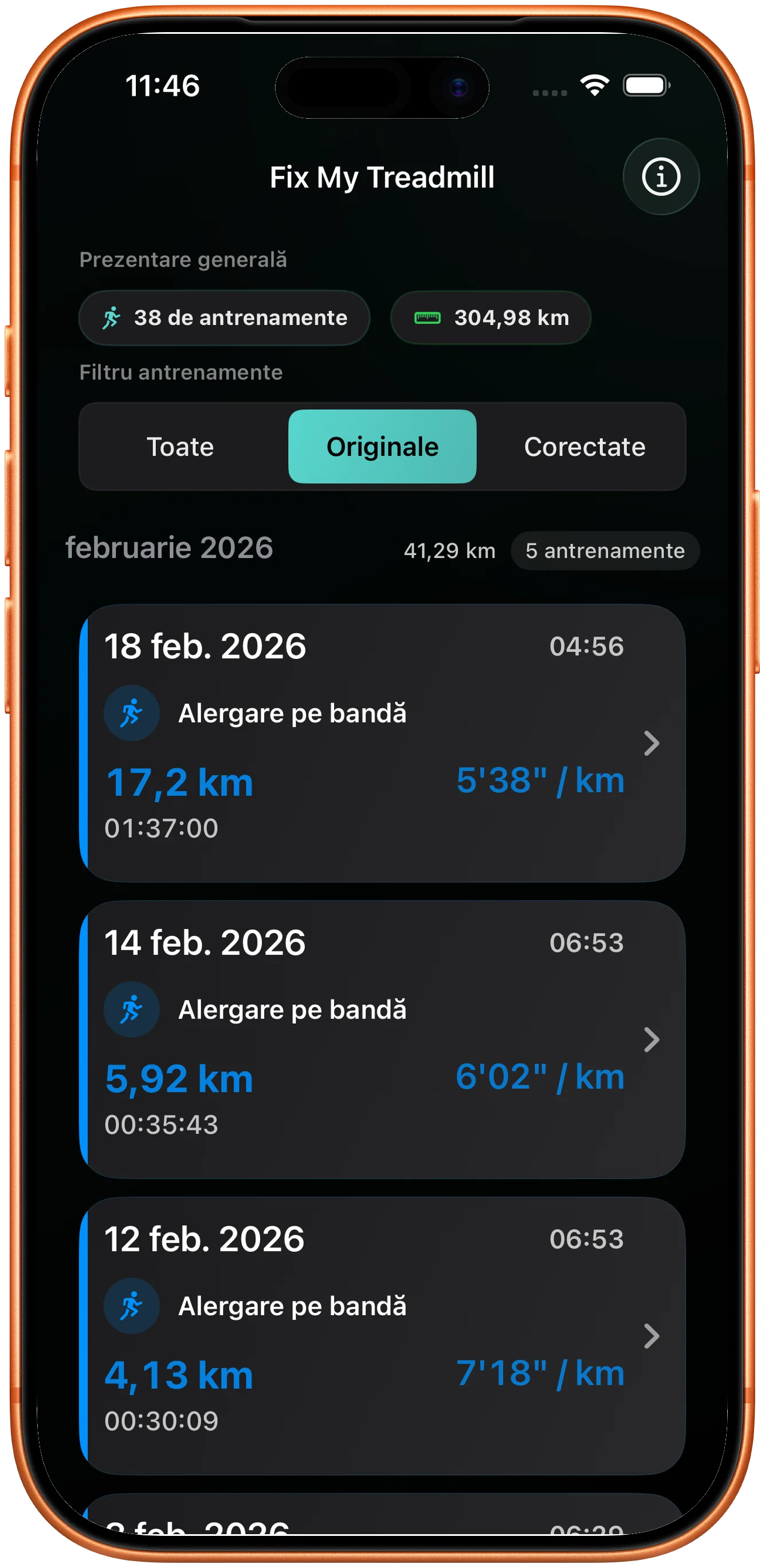 Listă de antrenamente cu o alergare a cărei distanță trebuie corectată