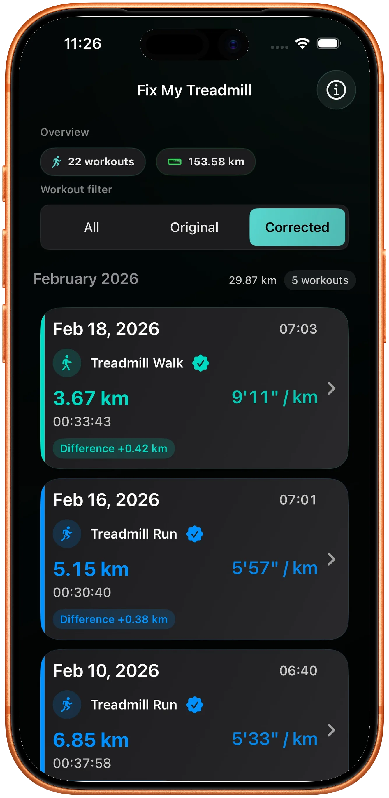 Workout list showing the corrected run marked as changed