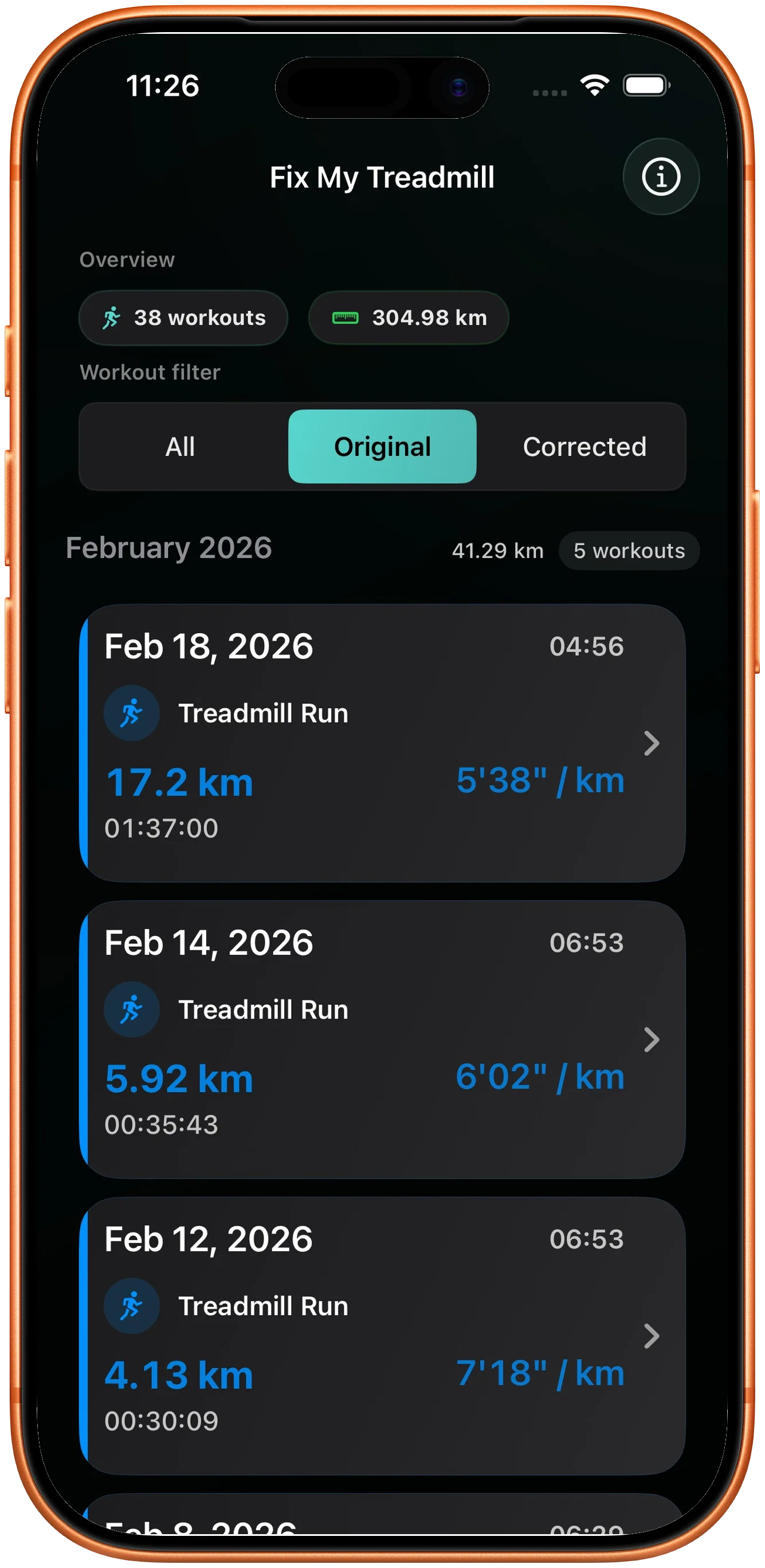 Workout list with a run whose distance needs fixing